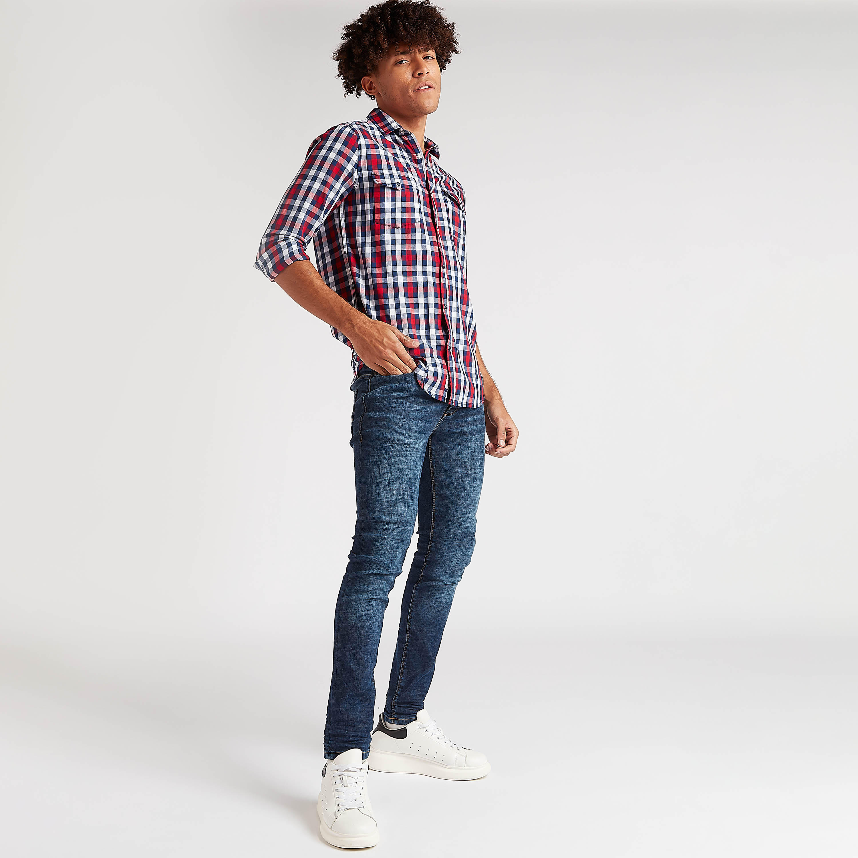 Checked Shirt with Chest Pockets and Long Sleeves-men-clothing-shirts-image-4
