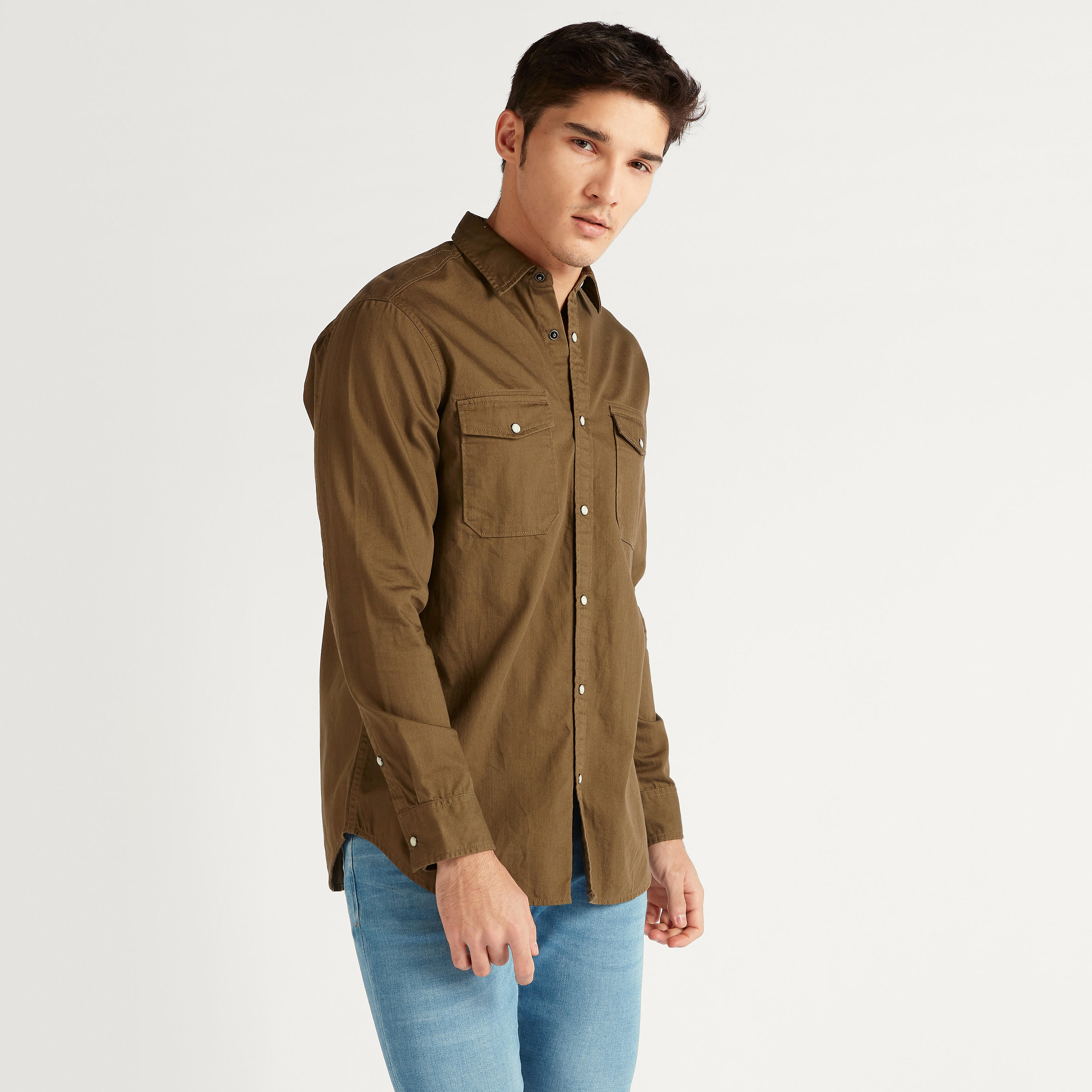 Lee Cooper Solid Denim Button Up Shirt with Flap Pockets-men-clothing-shirts-image-1