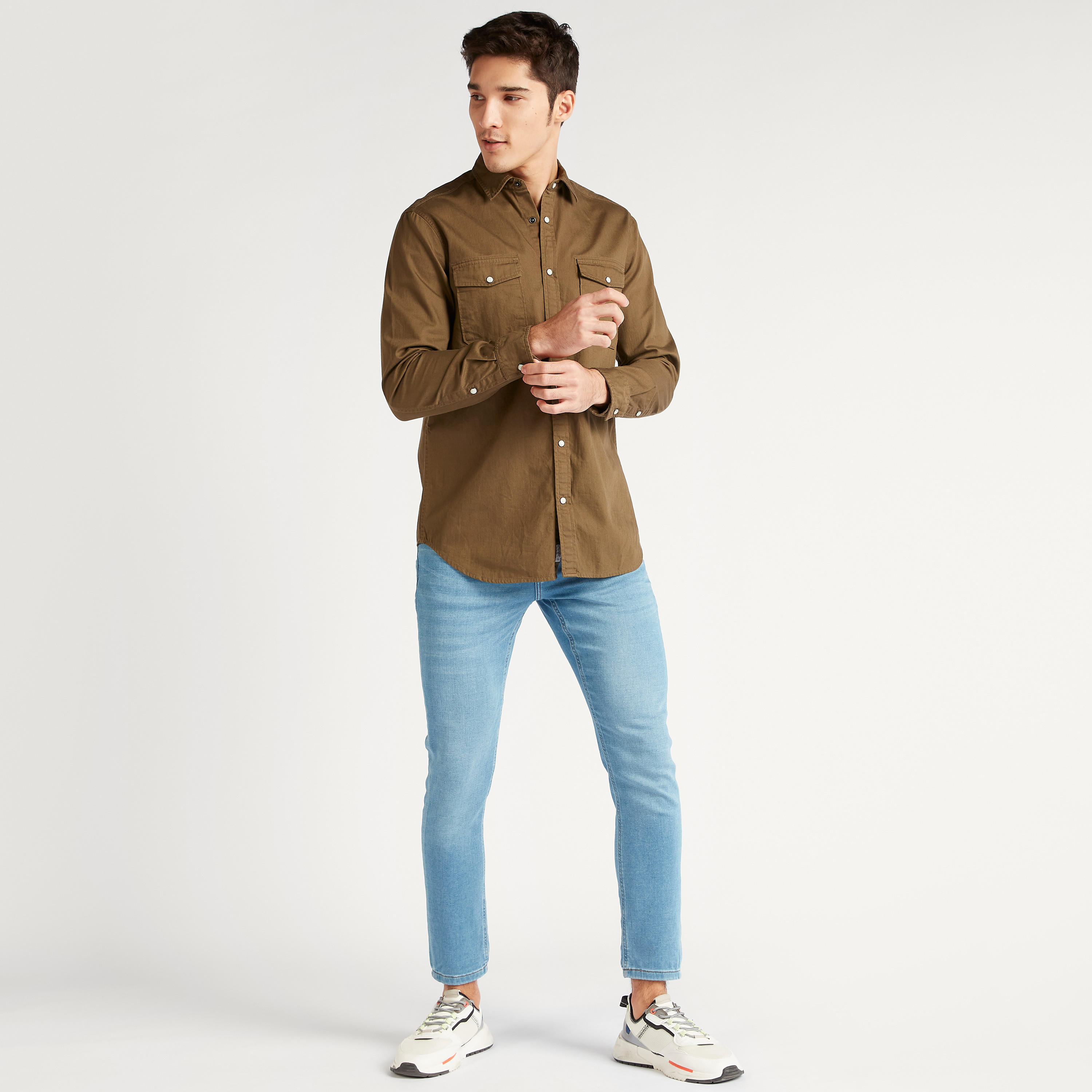 Lee Cooper Solid Denim Button Up Shirt with Flap Pockets-men-clothing-shirts-image-2
