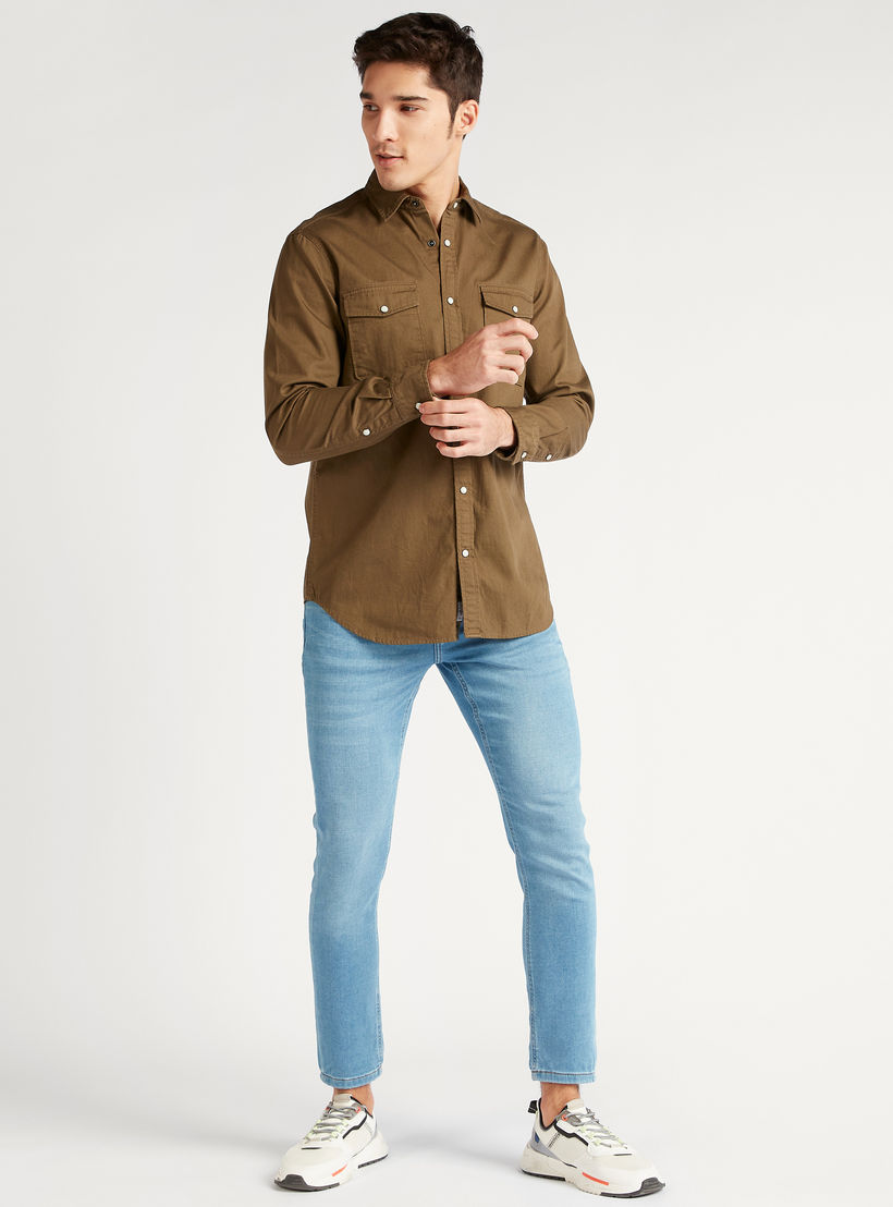 Lee Cooper Solid Denim Button Up Shirt with Flap Pockets-men-clothing-shirts-image-2