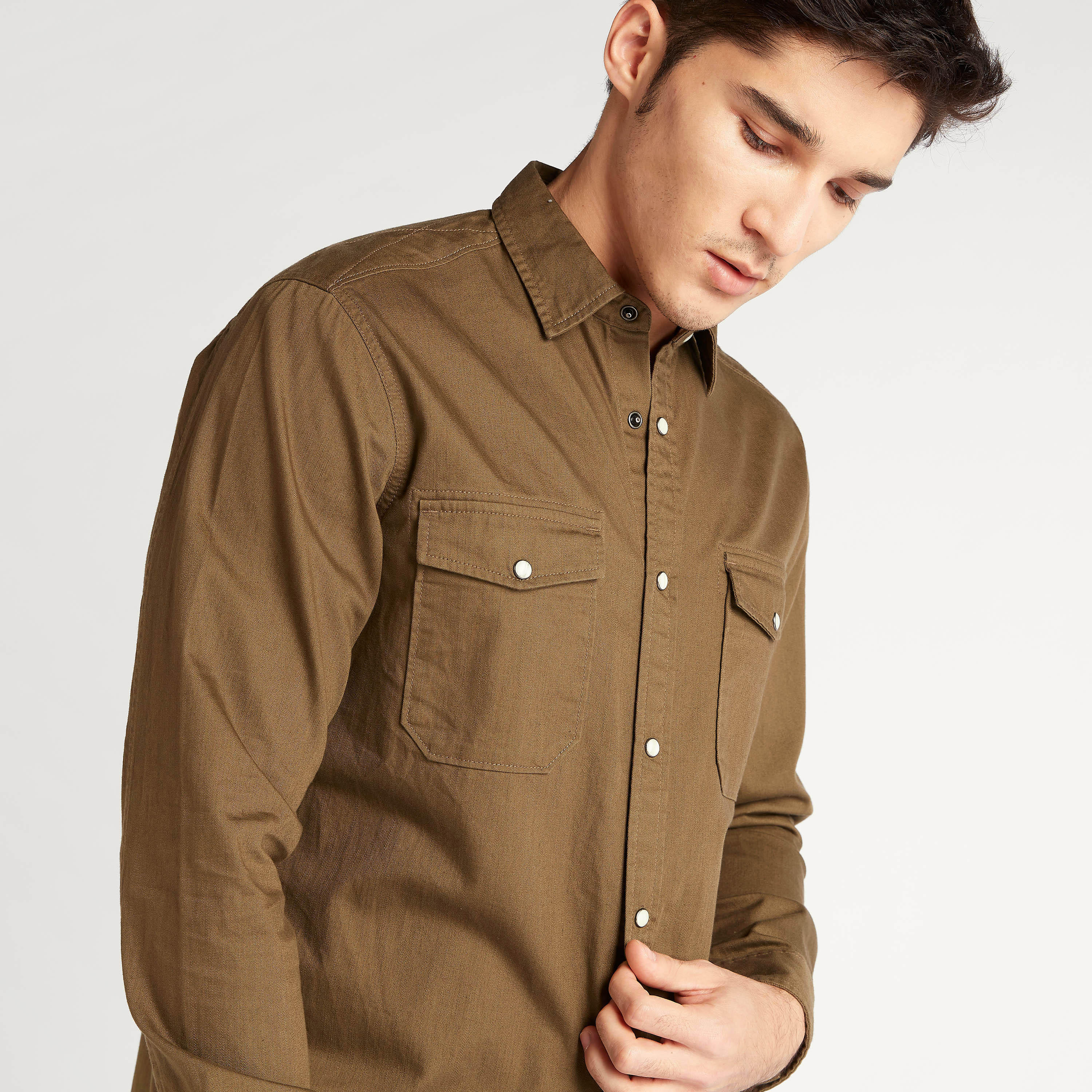 Lee Cooper Solid Denim Button Up Shirt with Flap Pockets-men-clothing-shirts-image-3