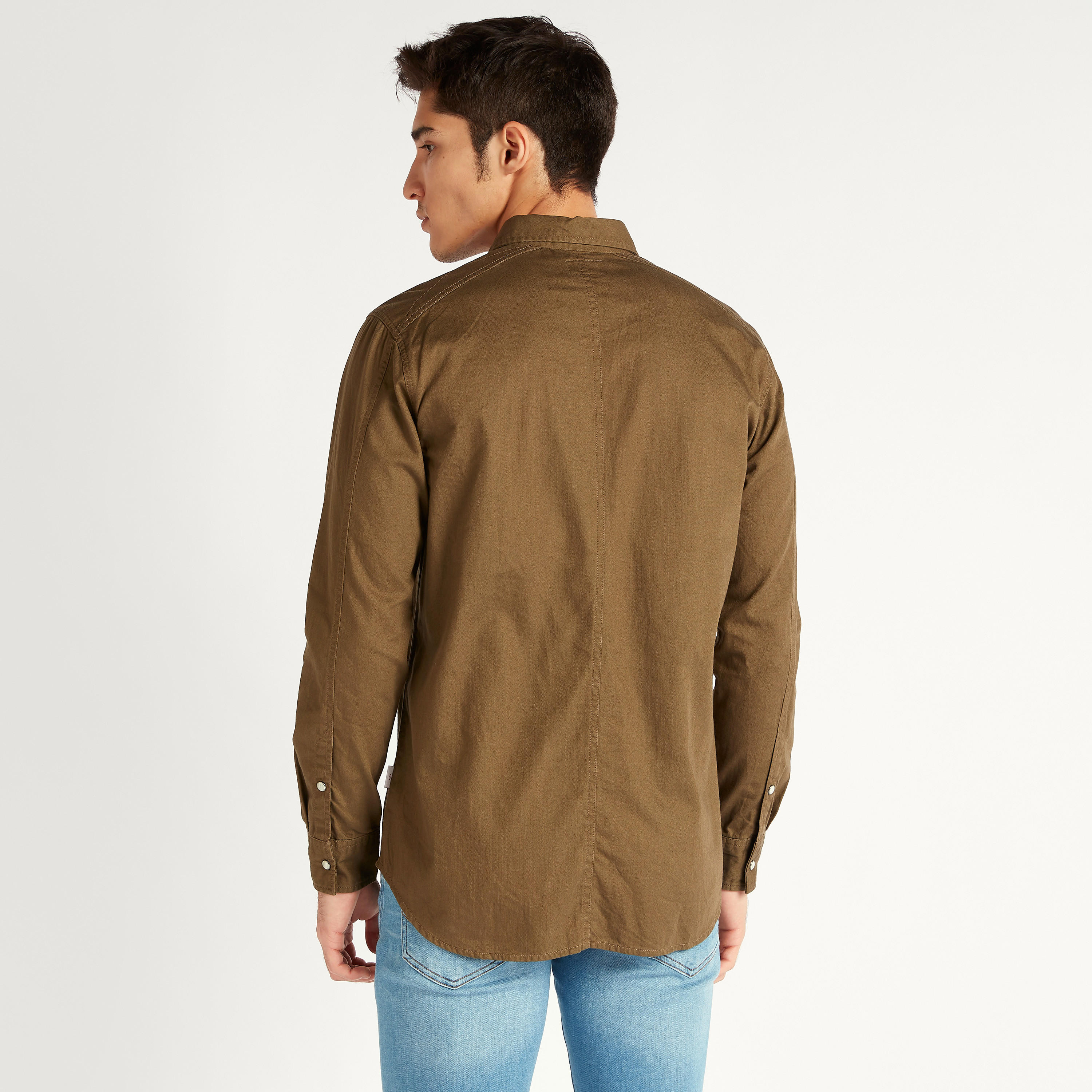 Lee Cooper Solid Denim Button Up Shirt with Flap Pockets-men-clothing-shirts-image-4
