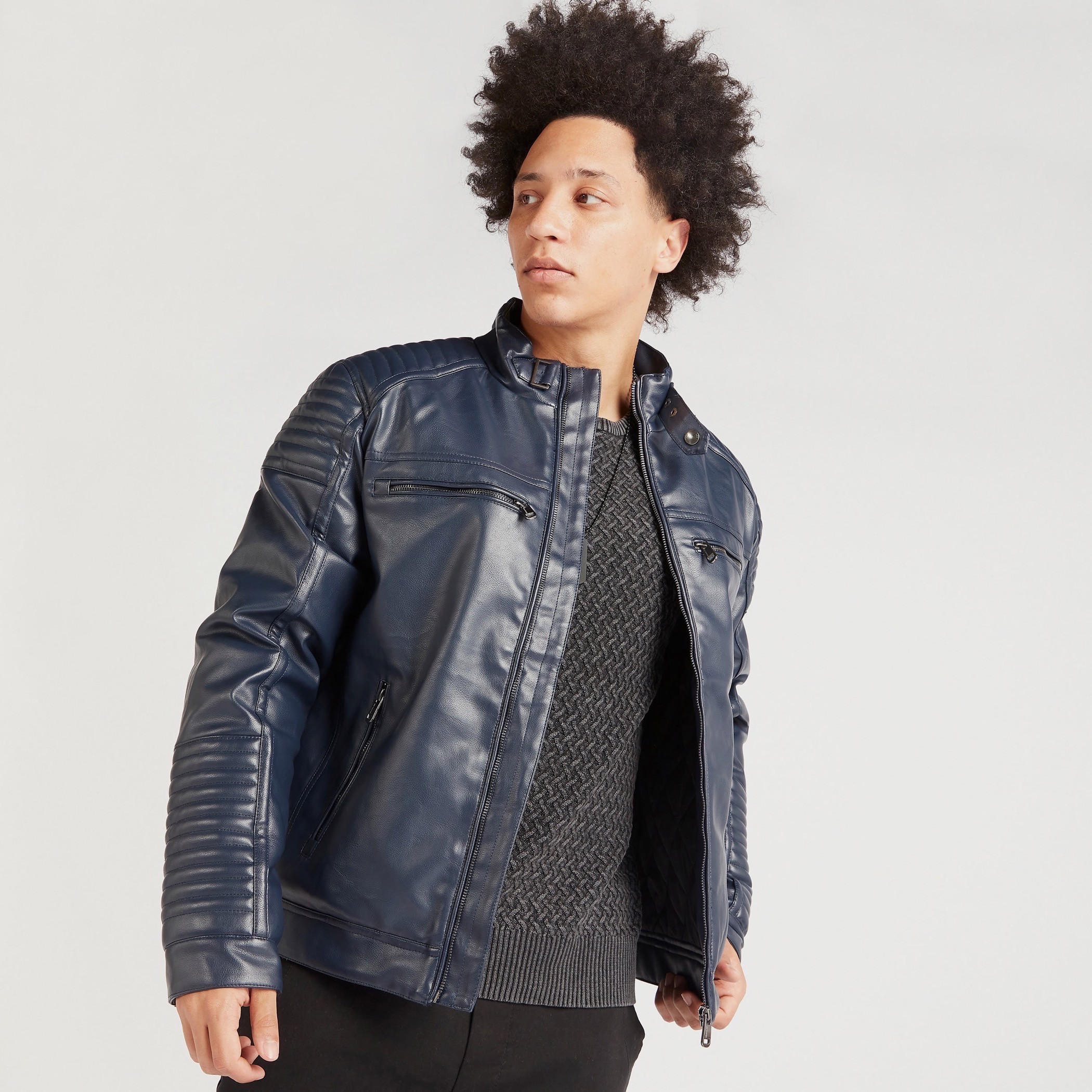Lee Cooper Textured Biker Jacket with Long Sleeves and Pockets-men-clothing-jacketsandblazers-jackets-image-5