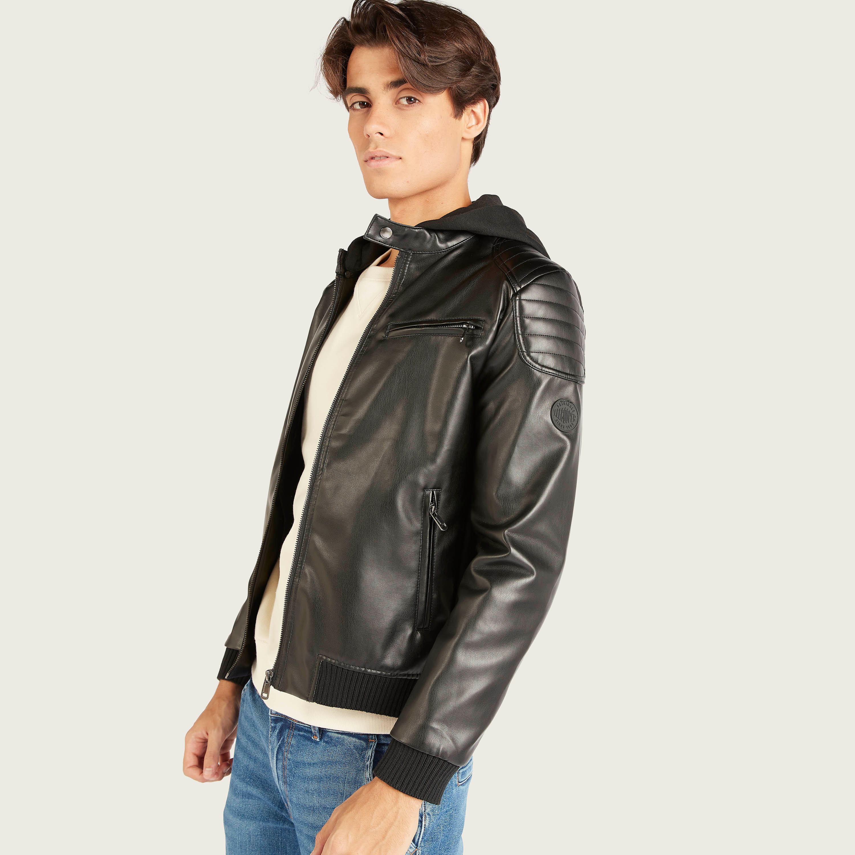 Lee Cooper Solid Hooded Bomber Jacket with Pockets and Zip Closure-men-clothing-jacketsandblazers-jackets-image-1