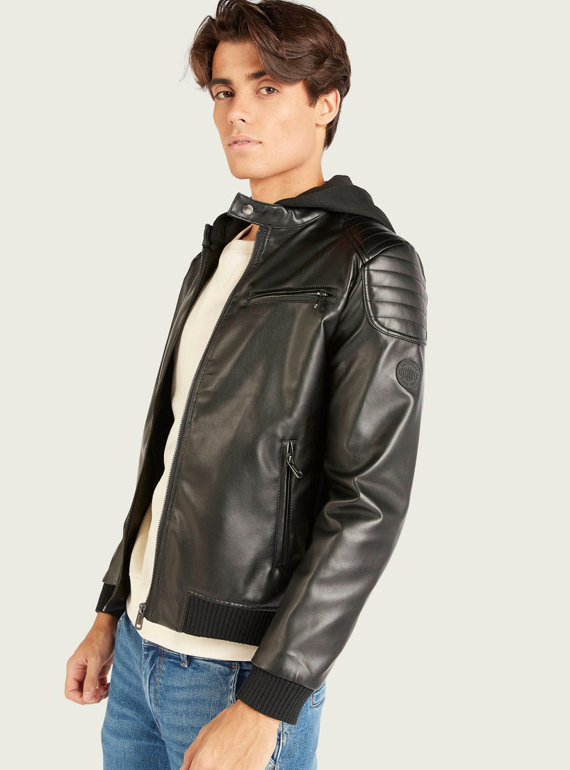 Lee Cooper Solid Hooded Bomber Jacket with Pockets and Zip Closure-men-clothing-jacketsandblazers-jackets-image-1