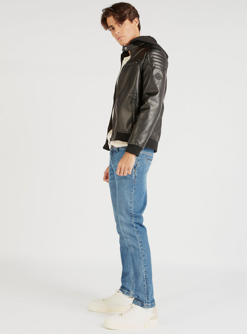 Lee Cooper Solid Hooded Bomber Jacket with Pockets and Zip Closure-men-clothing-jacketsandblazers-jackets-image-2