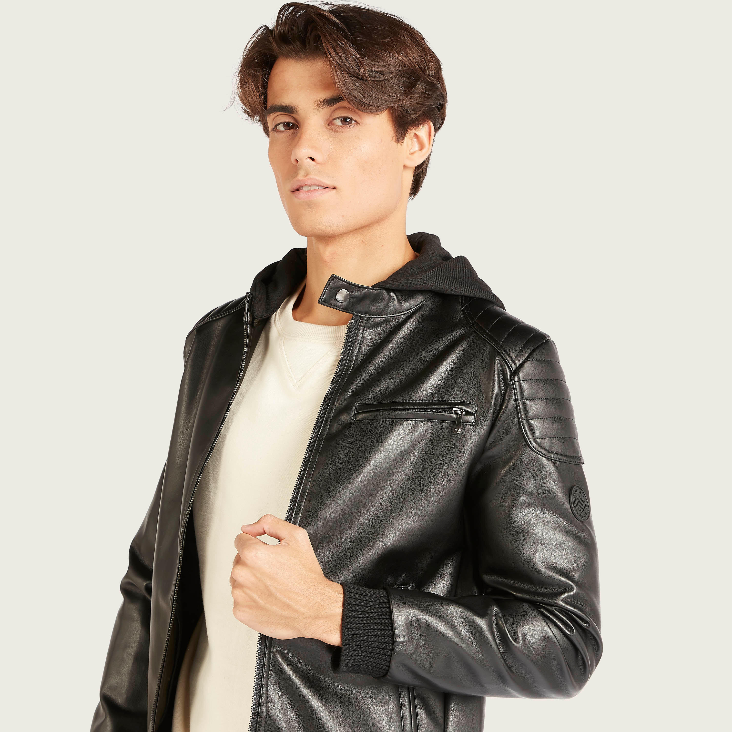 Lee Cooper Solid Hooded Bomber Jacket with Pockets and Zip Closure-men-clothing-jacketsandblazers-jackets-image-3