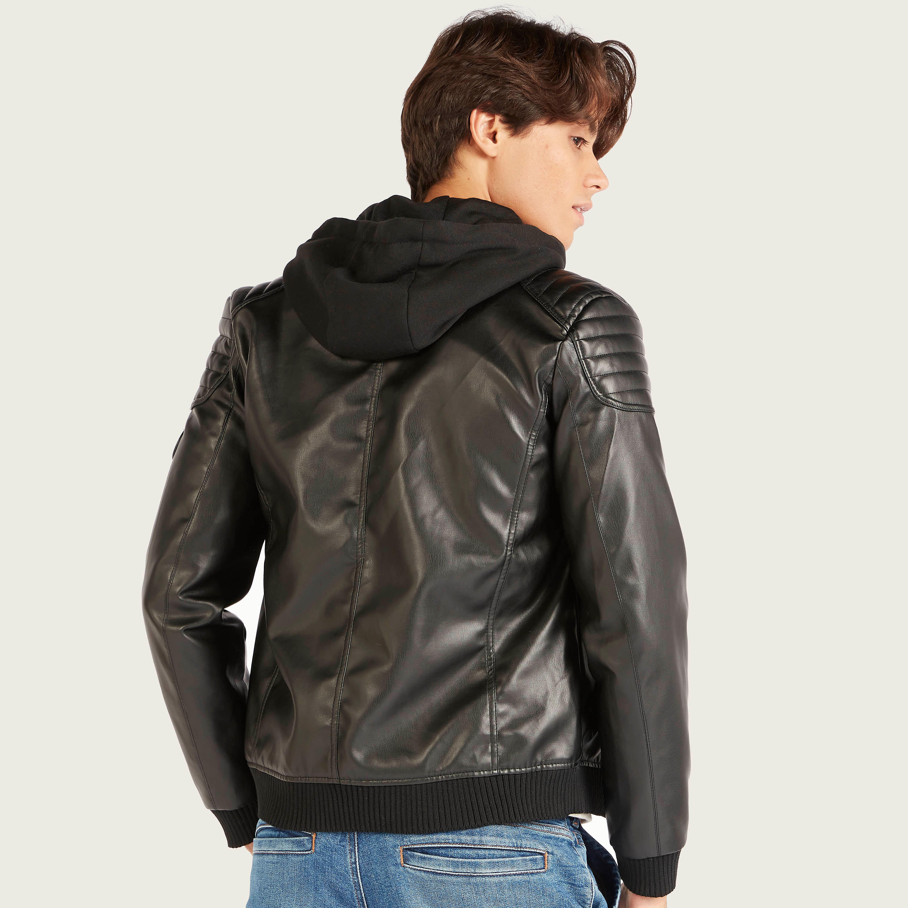 Lee Cooper Solid Hooded Bomber Jacket with Pockets and Zip Closure-men-clothing-jacketsandblazers-jackets-image-4