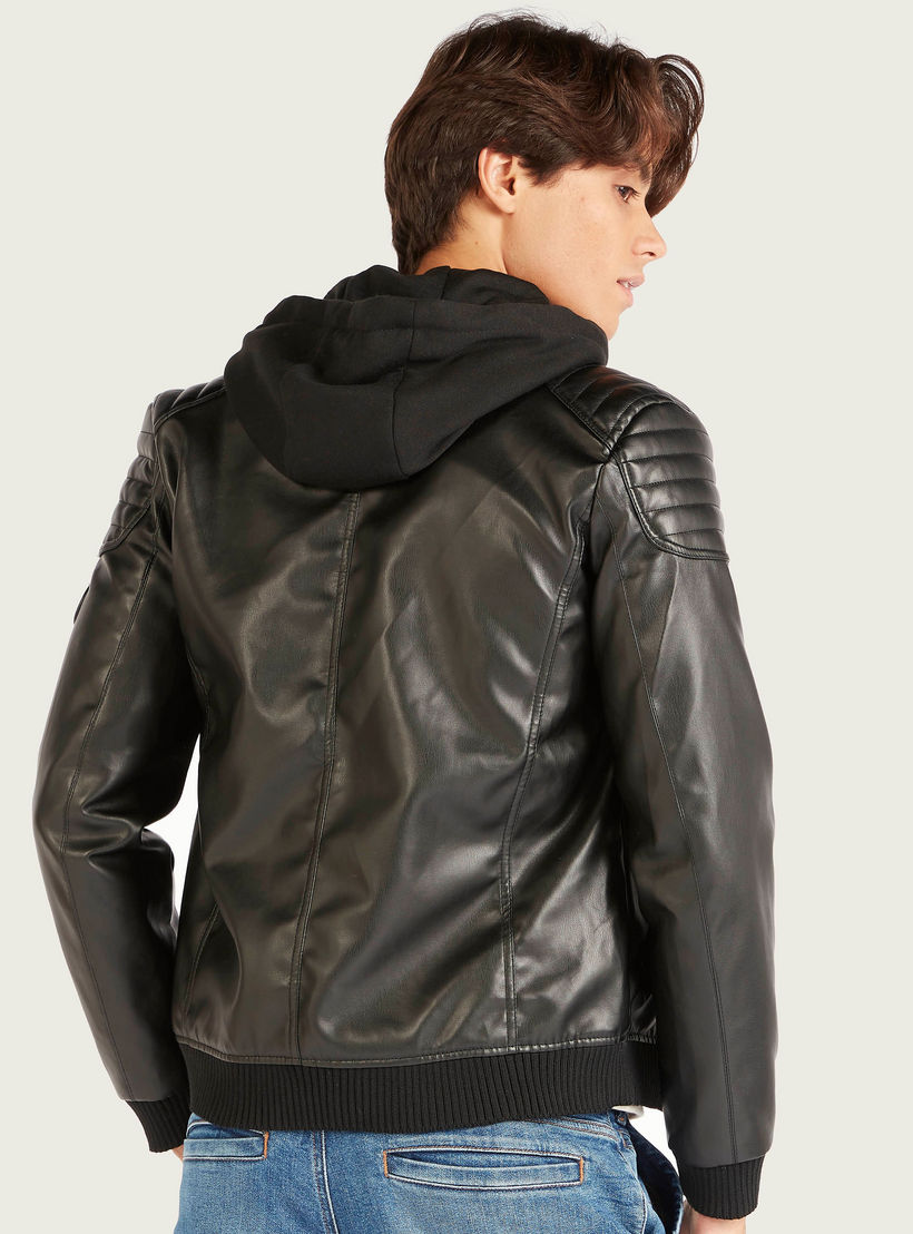 Lee Cooper Solid Hooded Bomber Jacket with Pockets and Zip Closure-men-clothing-jacketsandblazers-jackets-image-4