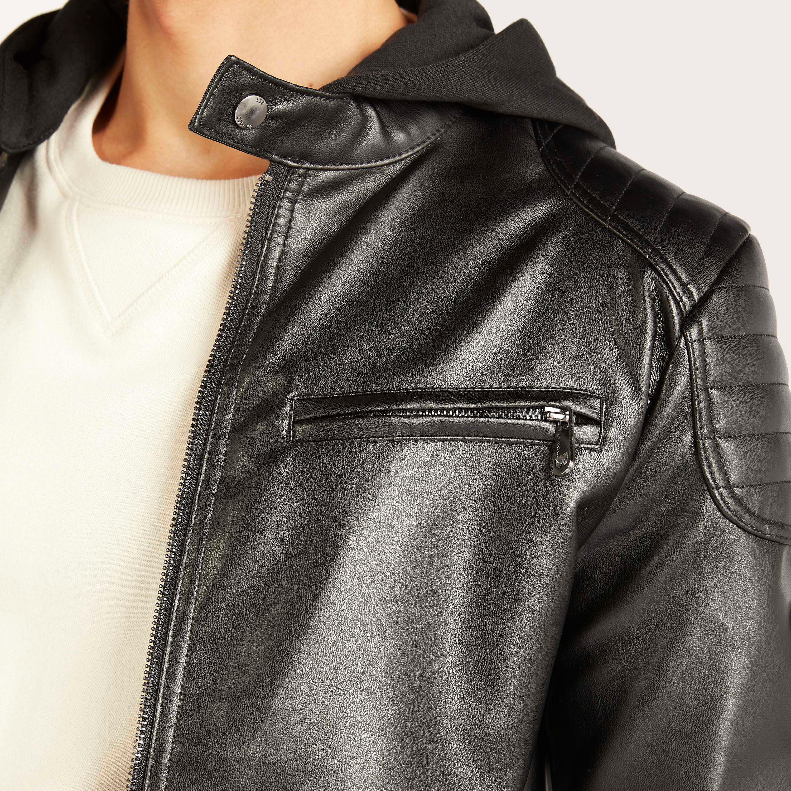 Lee Cooper Solid Hooded Bomber Jacket with Pockets and Zip Closure-men-clothing-jacketsandblazers-jackets-image-5