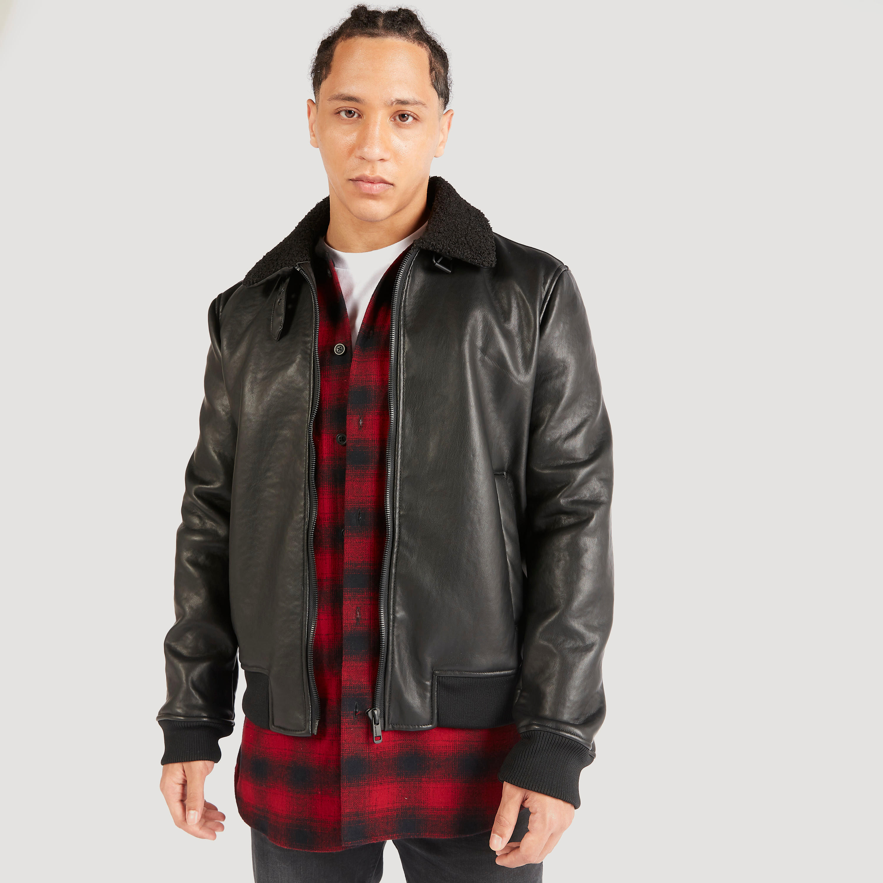 Lee Cooper Solid Zip Though Biker Jacket with Sherpa Lined Collar-men-clothing-jacketsandblazers-jackets-image-1