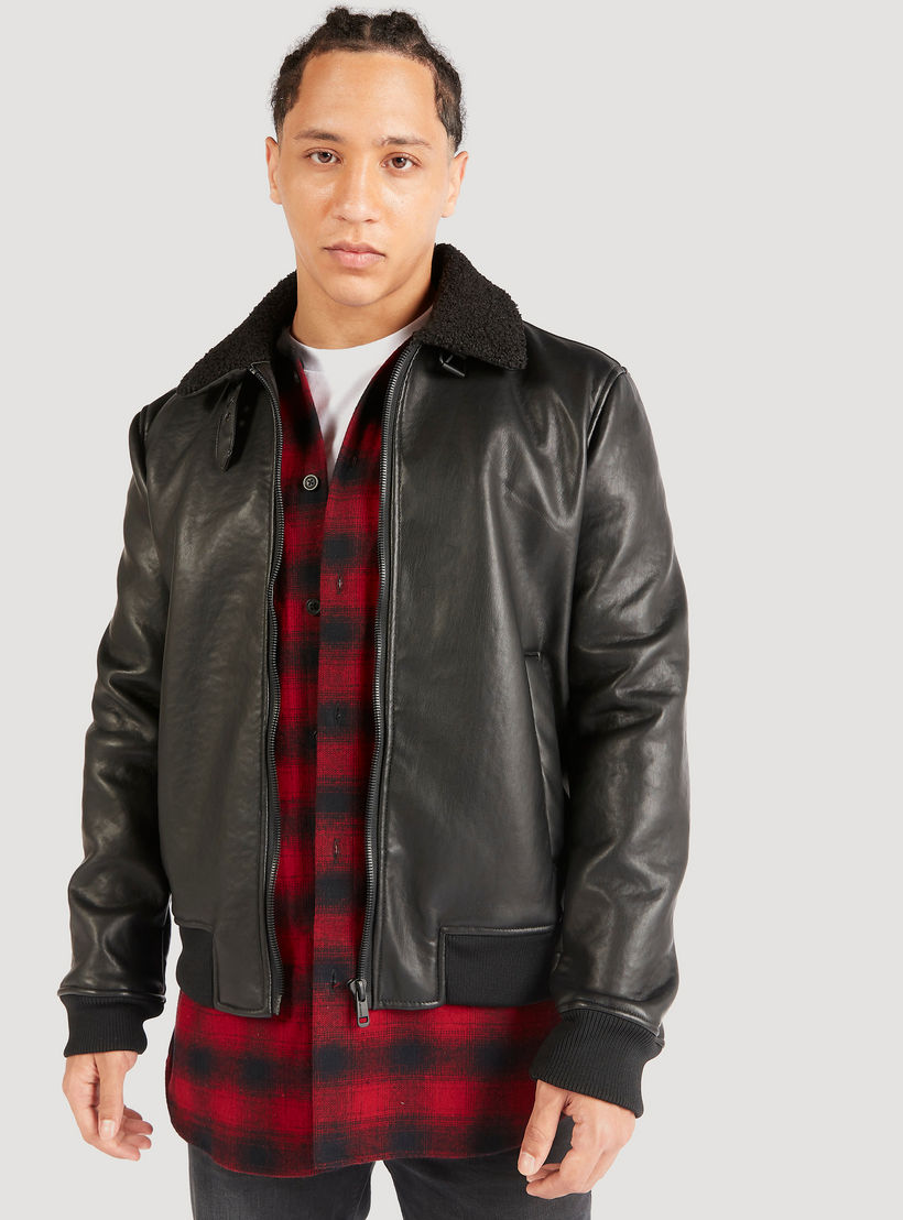 Lee Cooper Solid Zip Though Biker Jacket with Sherpa Lined Collar-men-clothing-jacketsandblazers-jackets-image-1