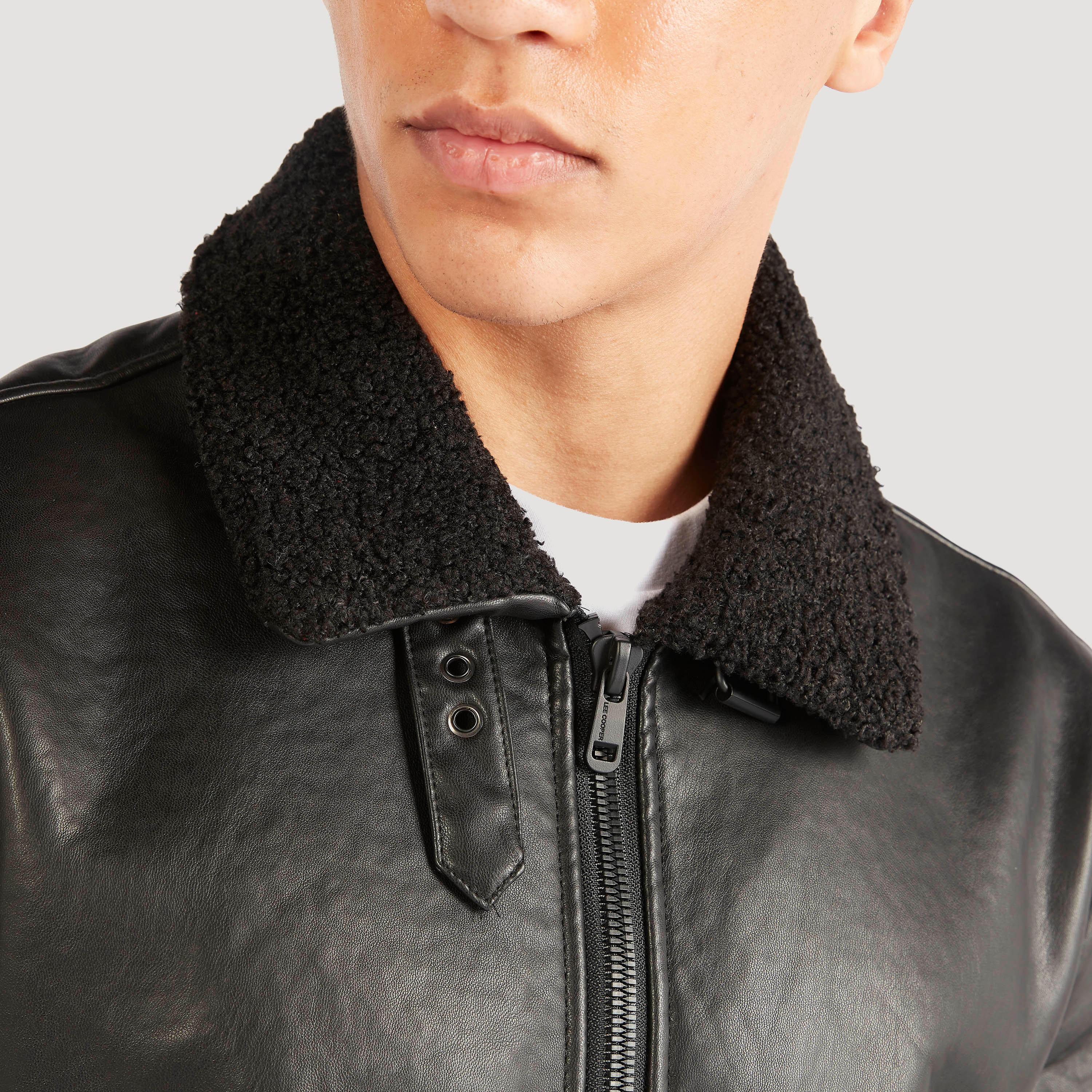 Lee Cooper Solid Zip Though Biker Jacket with Sherpa Lined Collar-men-clothing-jacketsandblazers-jackets-image-2