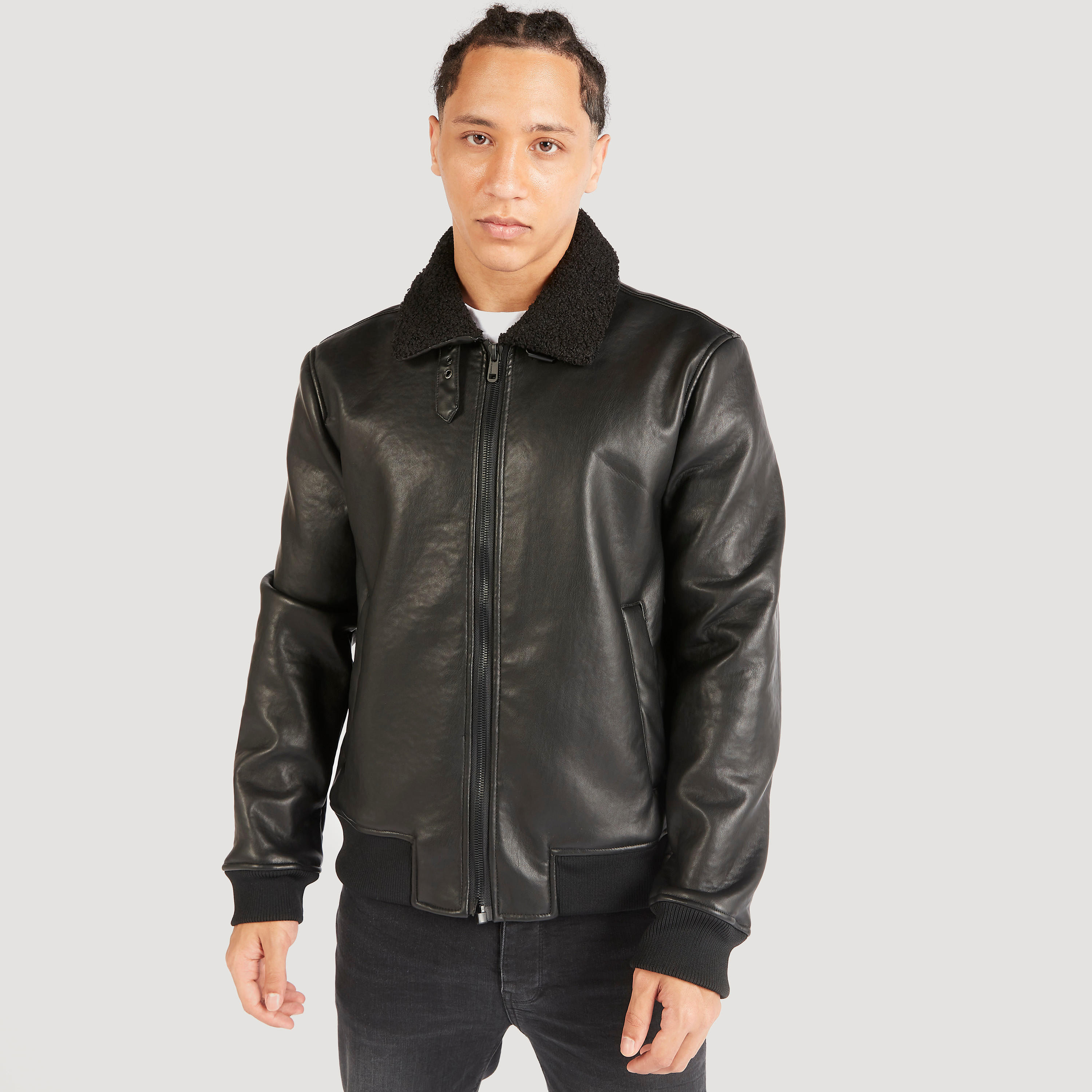 Lee Cooper Solid Zip Though Biker Jacket with Sherpa Lined Collar-men-clothing-jacketsandblazers-jackets-image-5