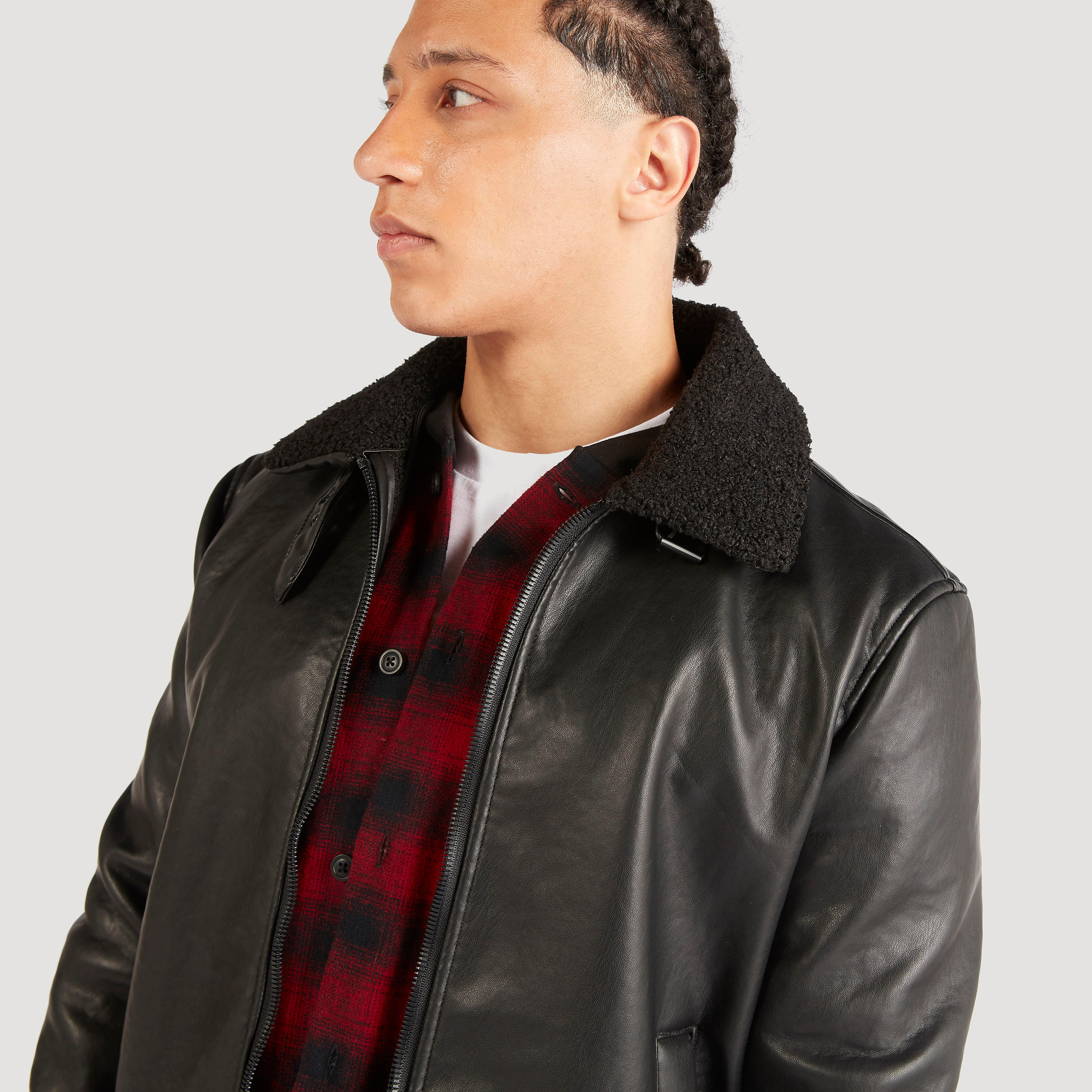 Lee Cooper Solid Zip Though Biker Jacket with Sherpa Lined Collar-men-clothing-jacketsandblazers-jackets-image-6