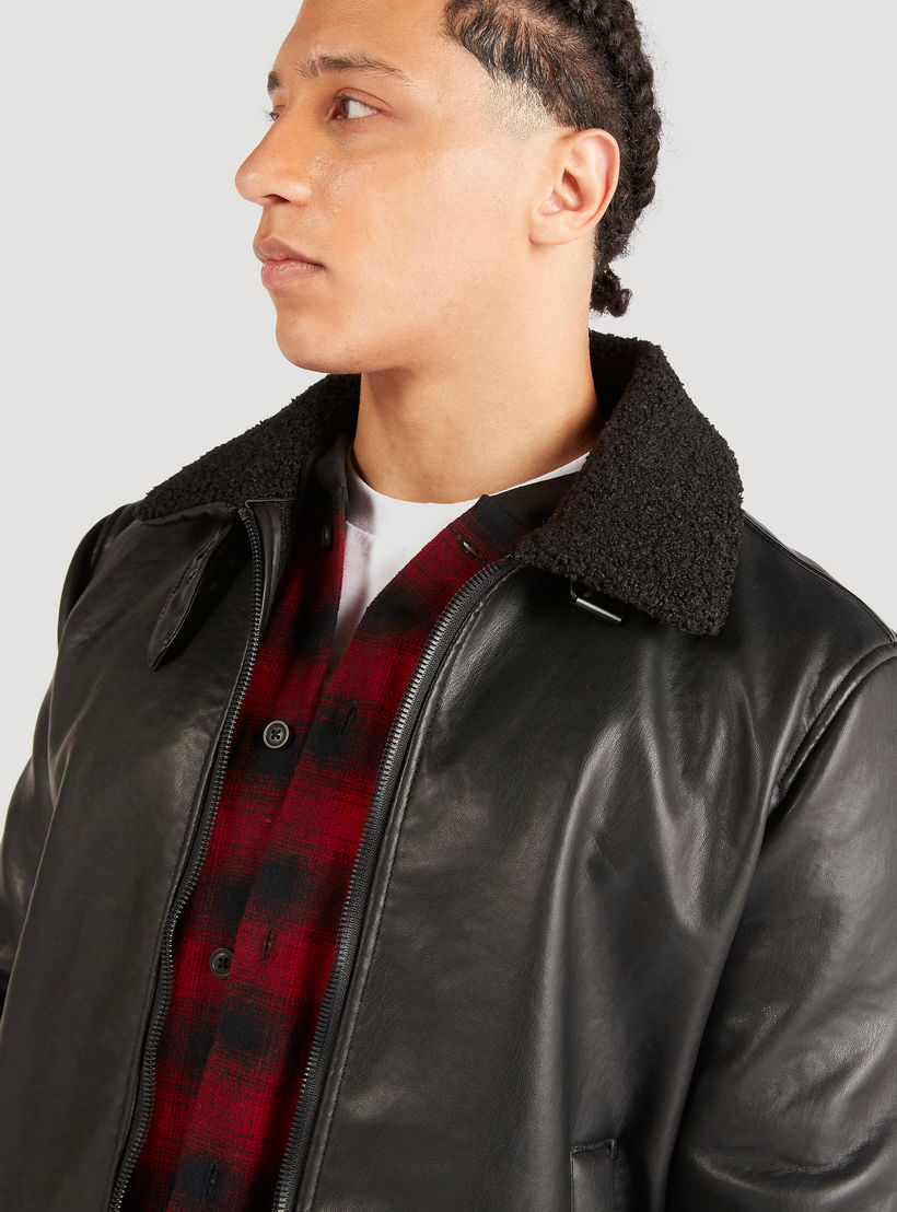 Lee Cooper Solid Zip Though Biker Jacket with Sherpa Lined Collar-men-clothing-jacketsandblazers-jackets-image-6