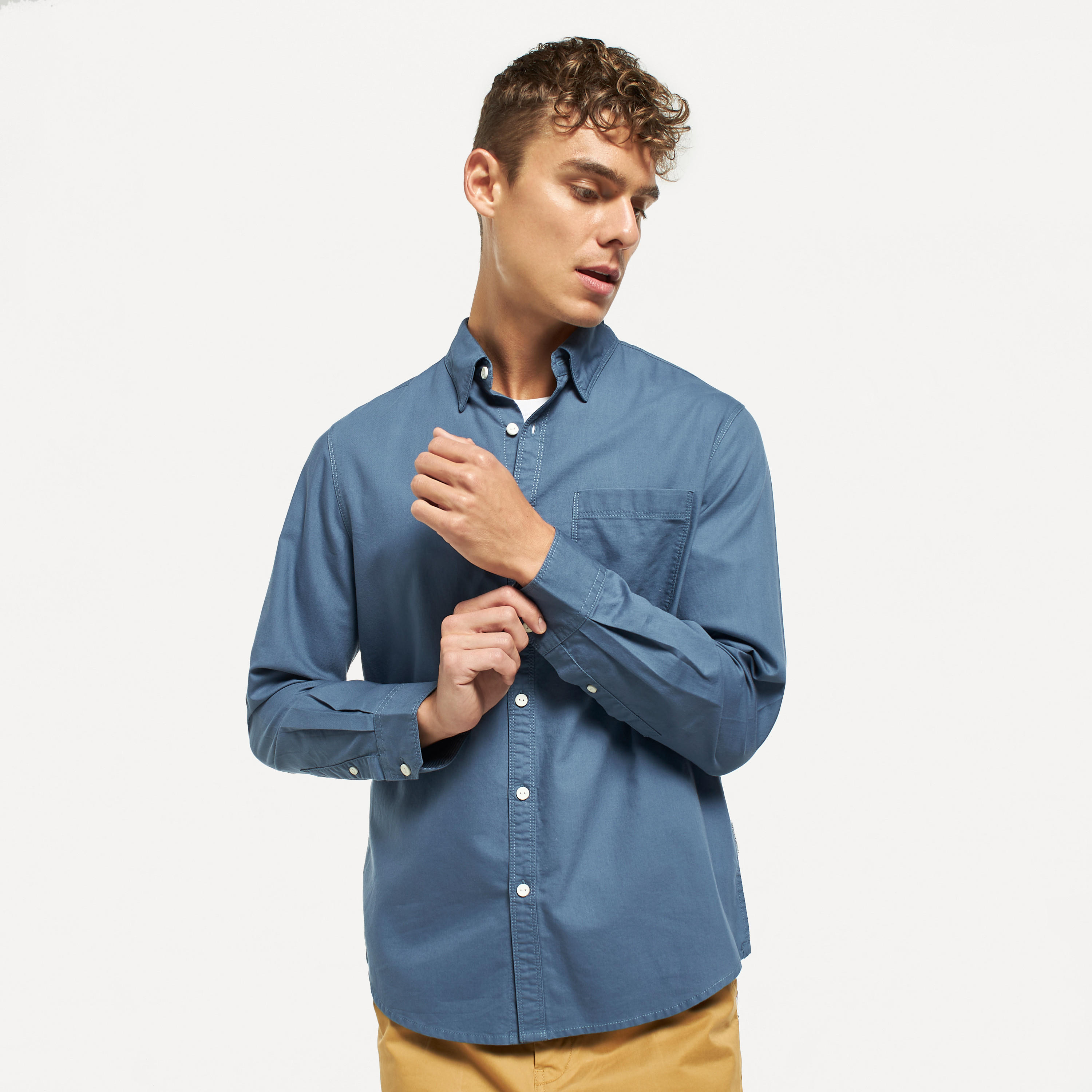 قميص أكسفورد سادة بأكمام طويلة وجيب من لي كوبر-men-clothing-shirts-image-1