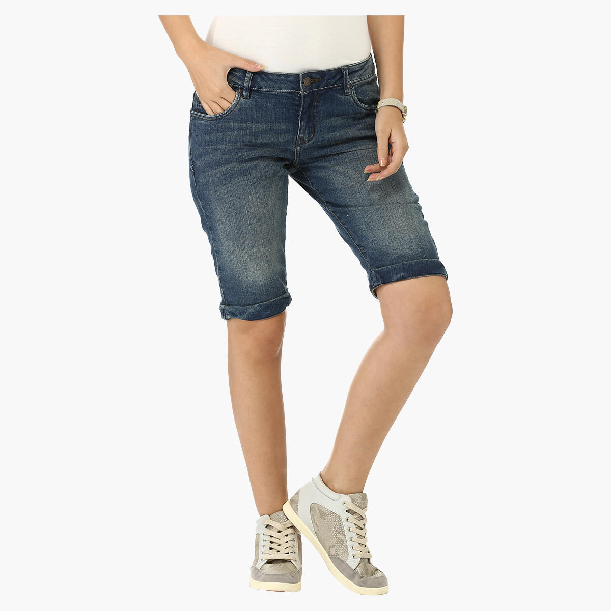 Stonewashed Denim Shorts-women-clothing-bottoms-shorts-image-5