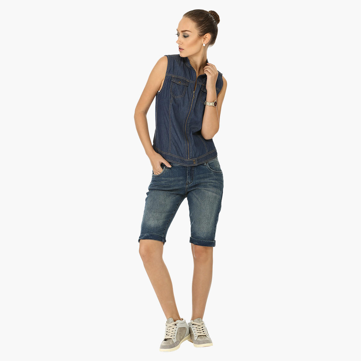 Stonewashed Denim Shorts-women-clothing-bottoms-shorts-image-1