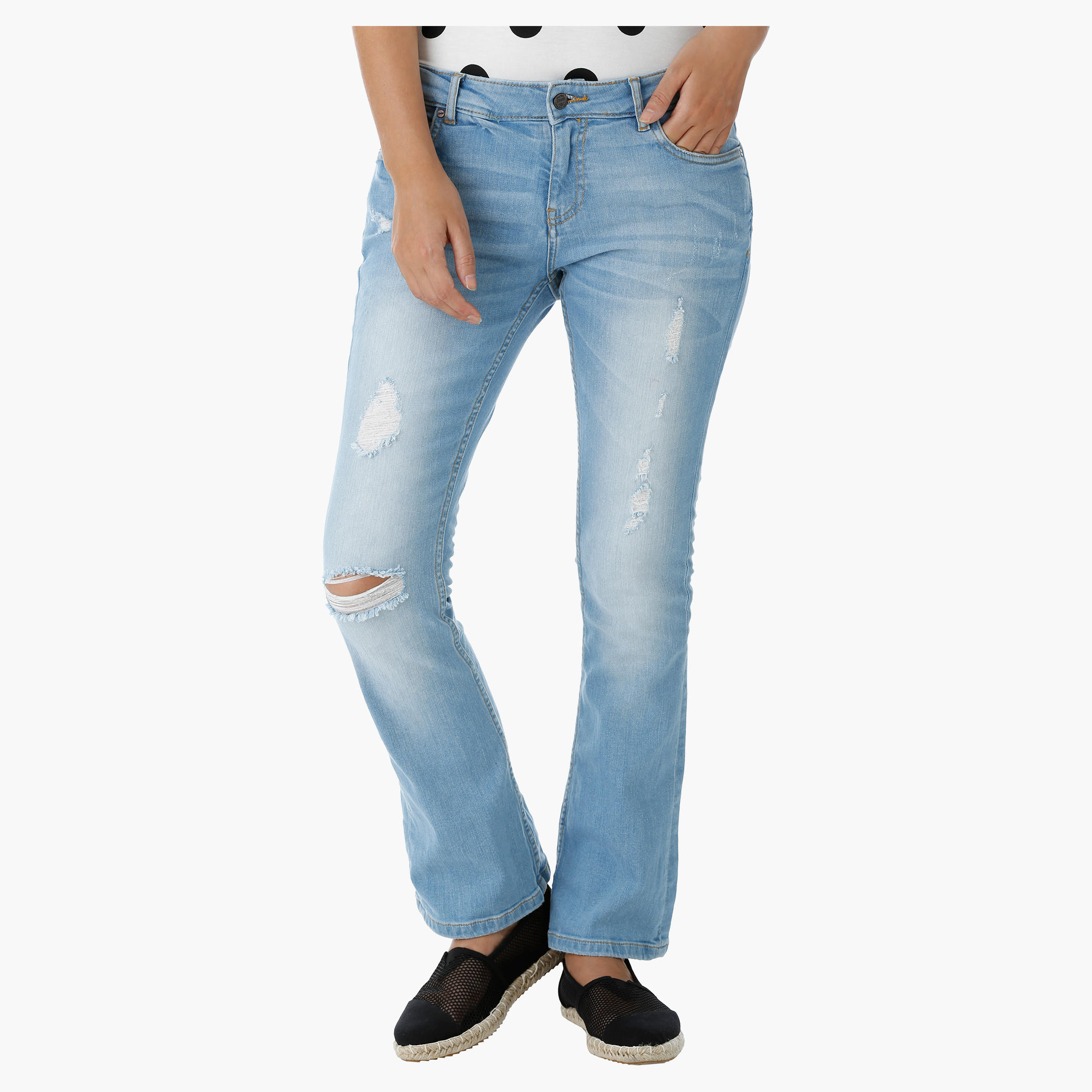 Kick Flare Jeans with Distressing in Skinny Fit-women-clothing-bottoms-jeans-image-1