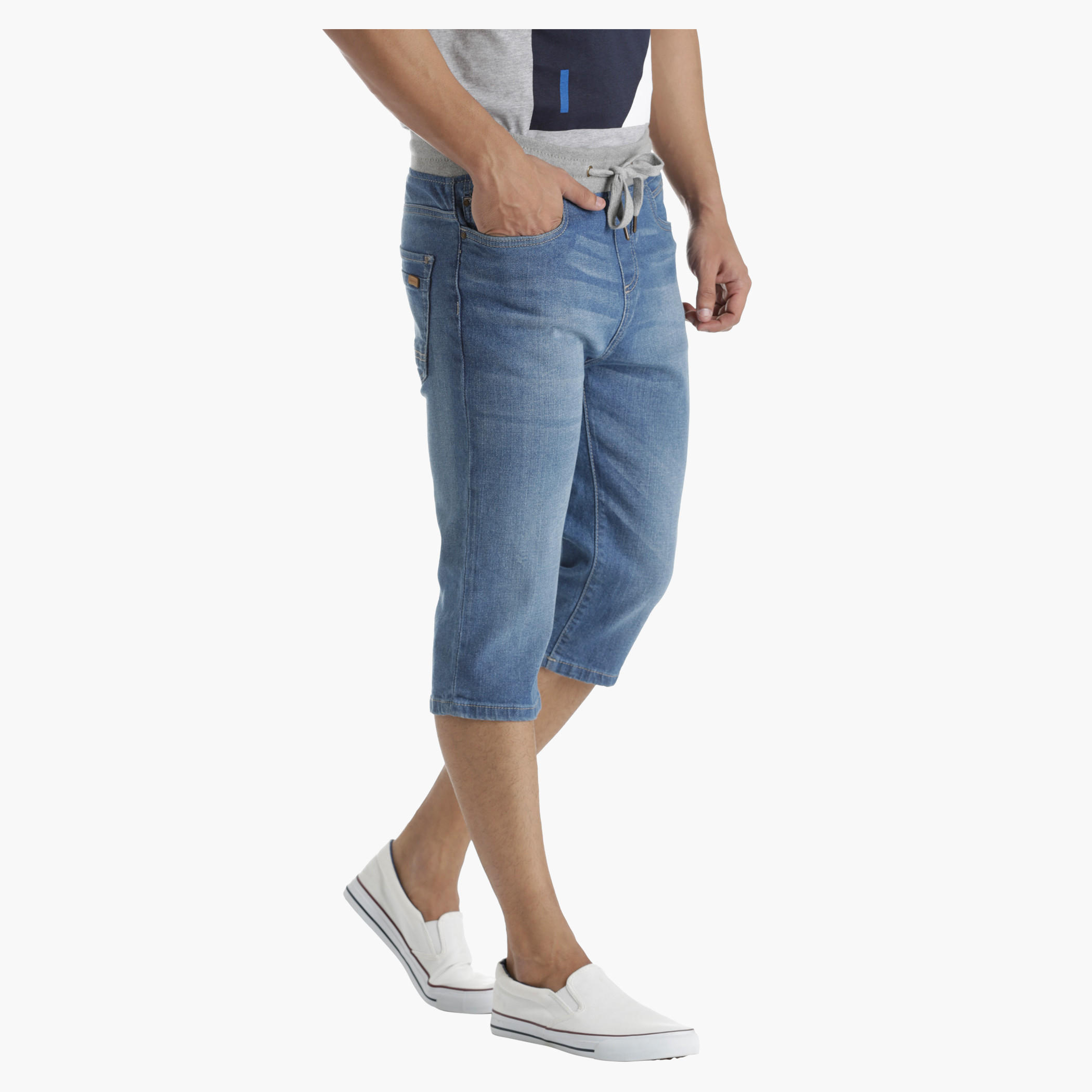 Denim Shorts with Ribbed Waistband in Regular Fit-men-clothing-bottoms-shorts-image-3