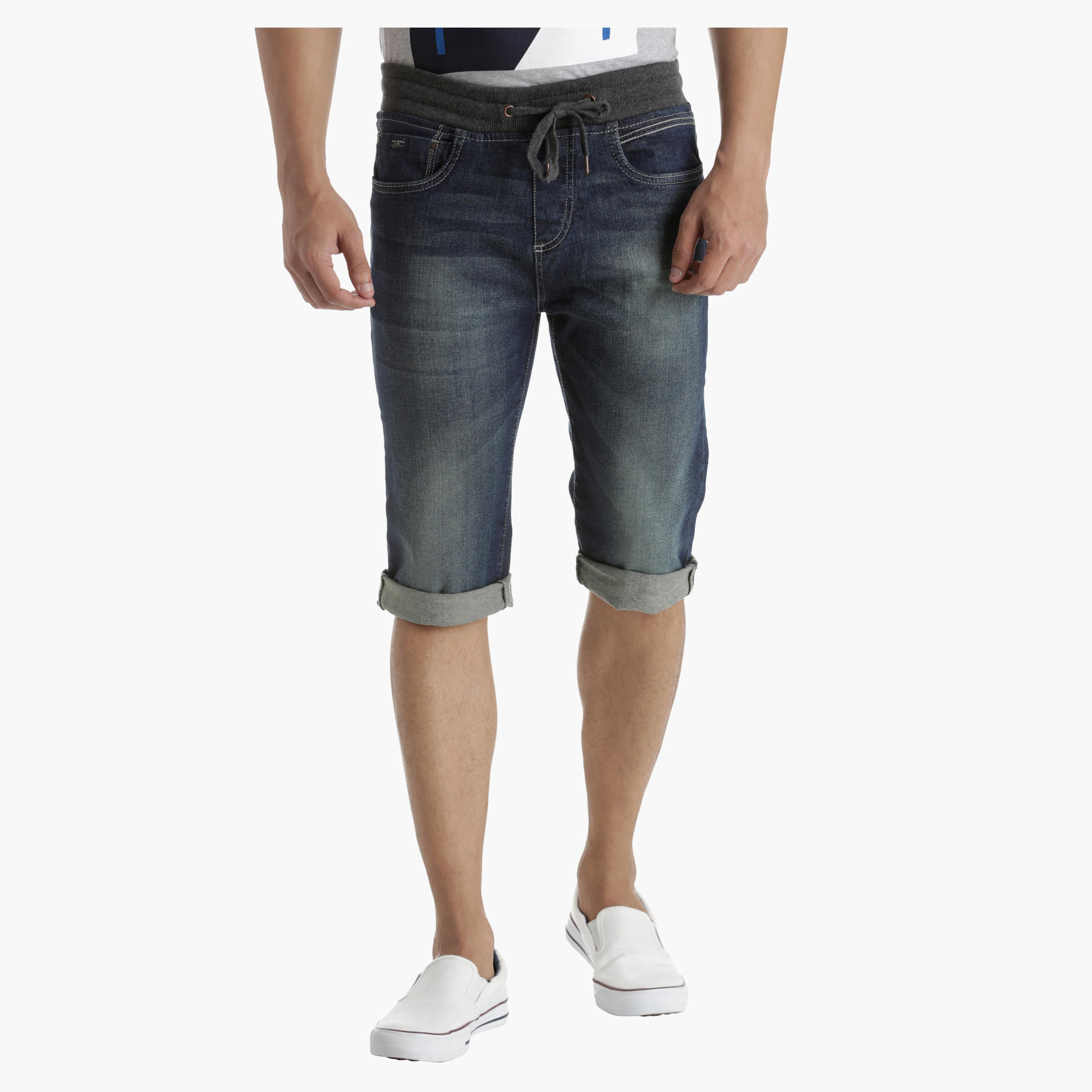 Denim Shorts with Ribbed Waistband in Regular Fit-men-clothing-bottoms-shorts-image-6
