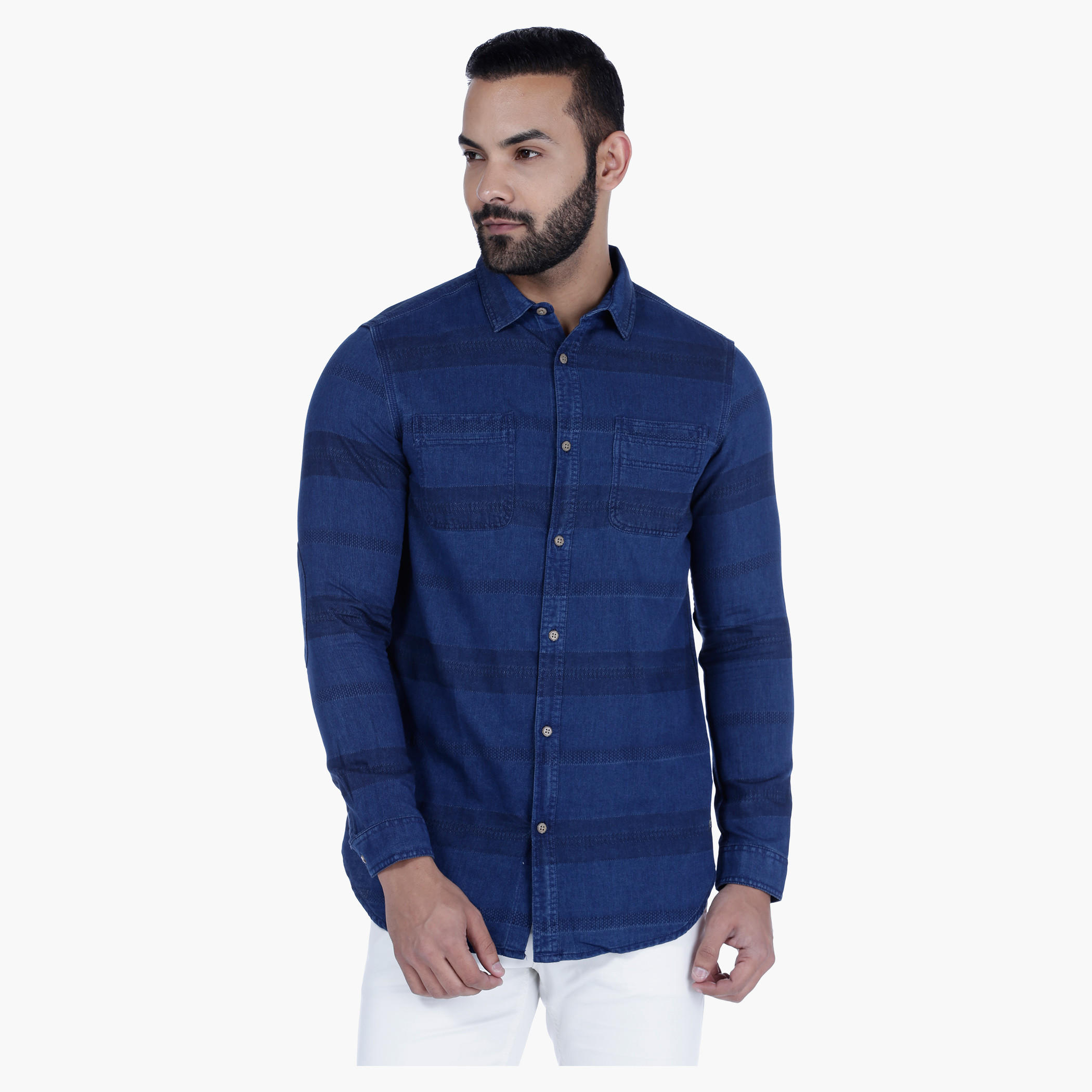 Striped Denim Shirt with Long Sleeves-men-clothing-shirts-image-1