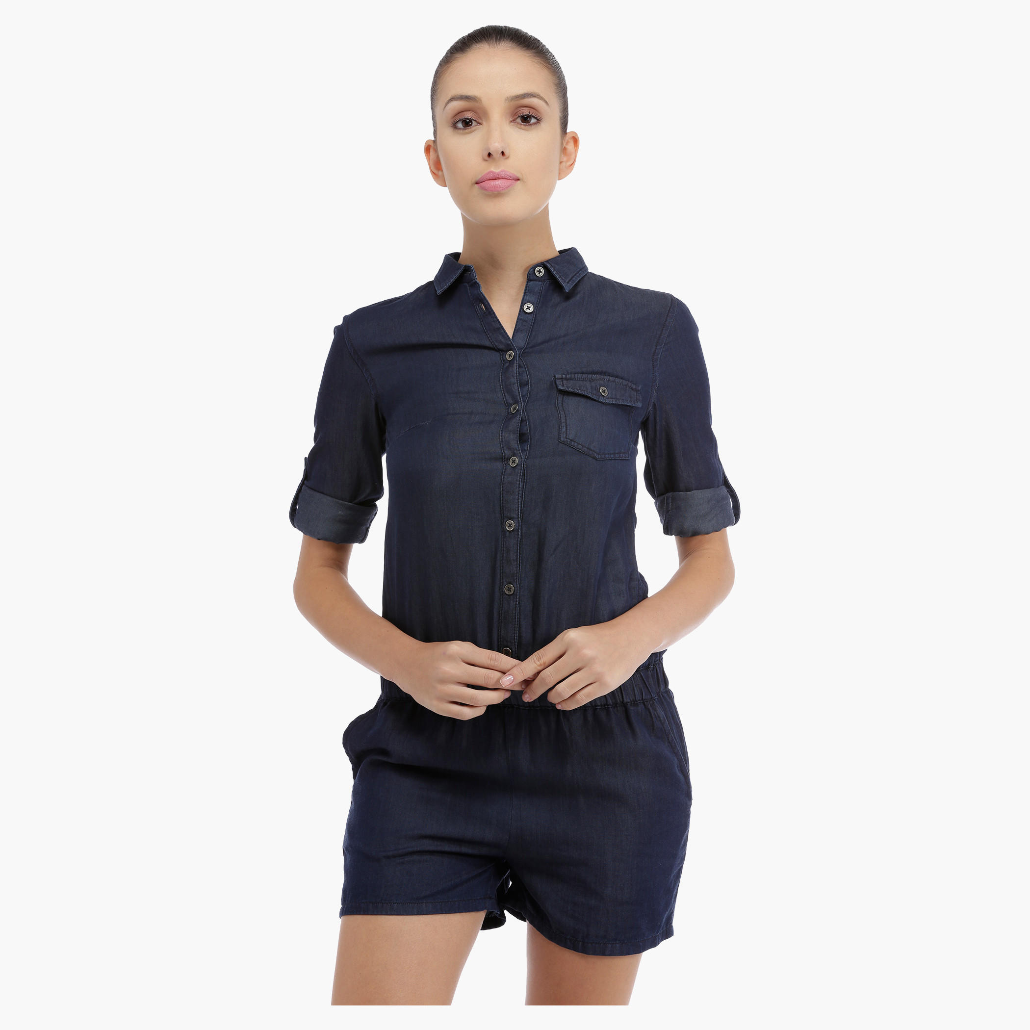 Denim Romper with Elasticised Detail-women-clothing-jumpsuits-image-1