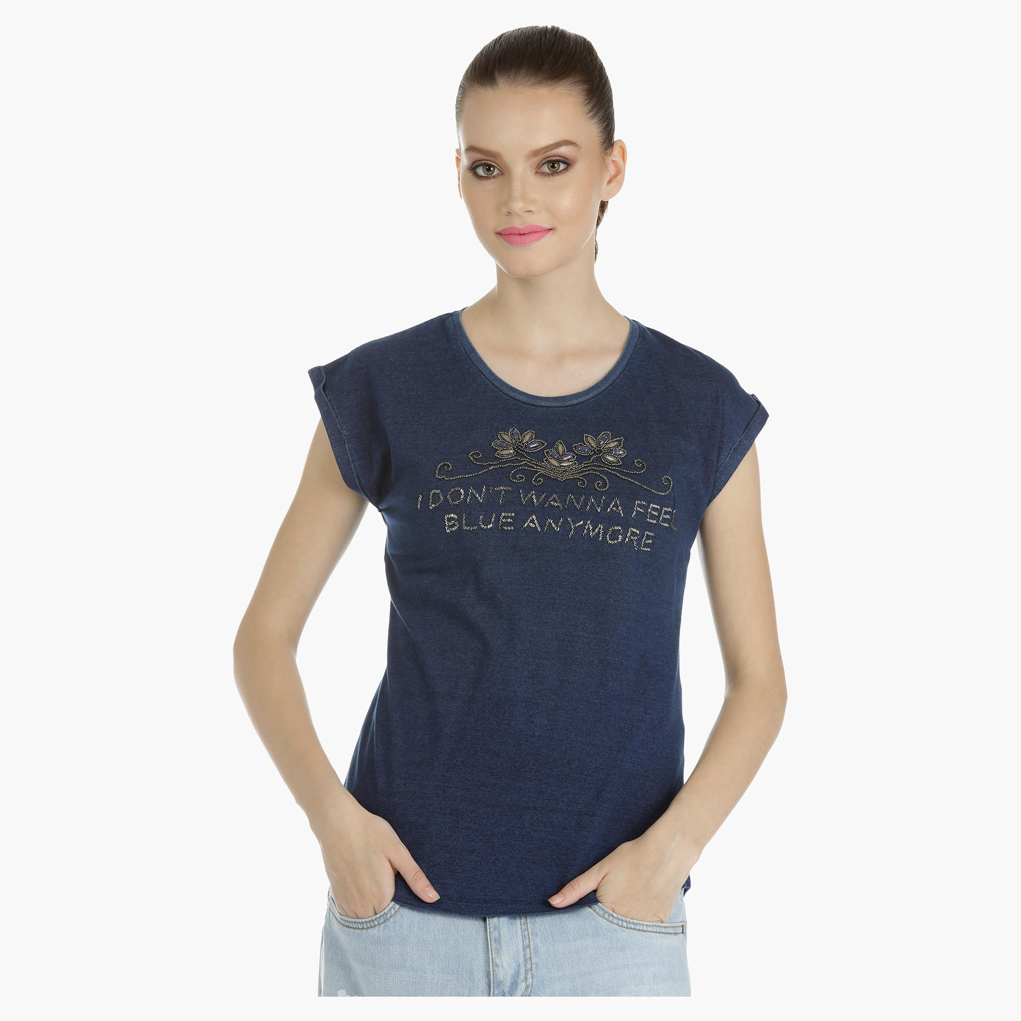 Embellished T-Shirt with Cap Sleeves-women-clothing-tshirts-image-1
