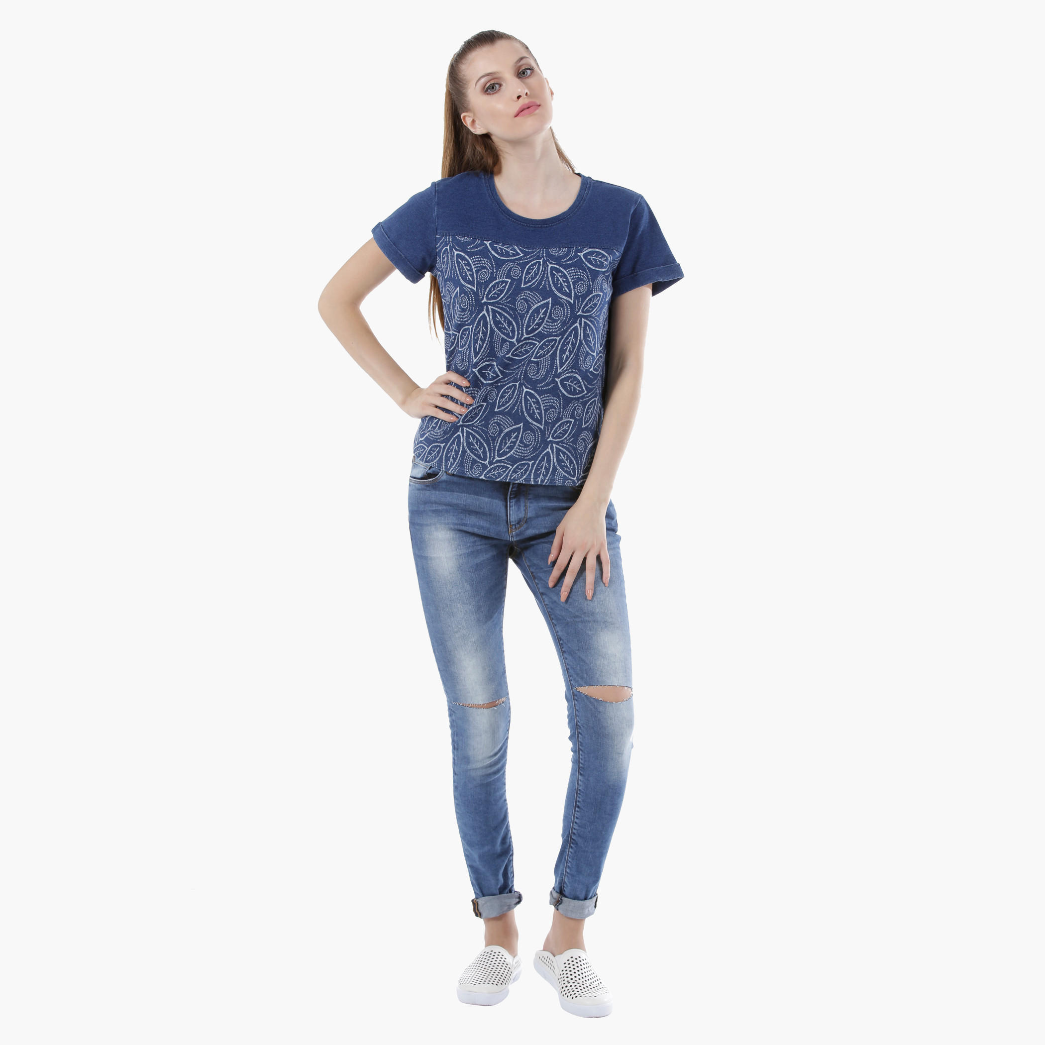 Denim Shirt with Collar Neck in Regular Fit-women-winterwear-hoodiesandsweatshirts-sweatshirts-image-5
