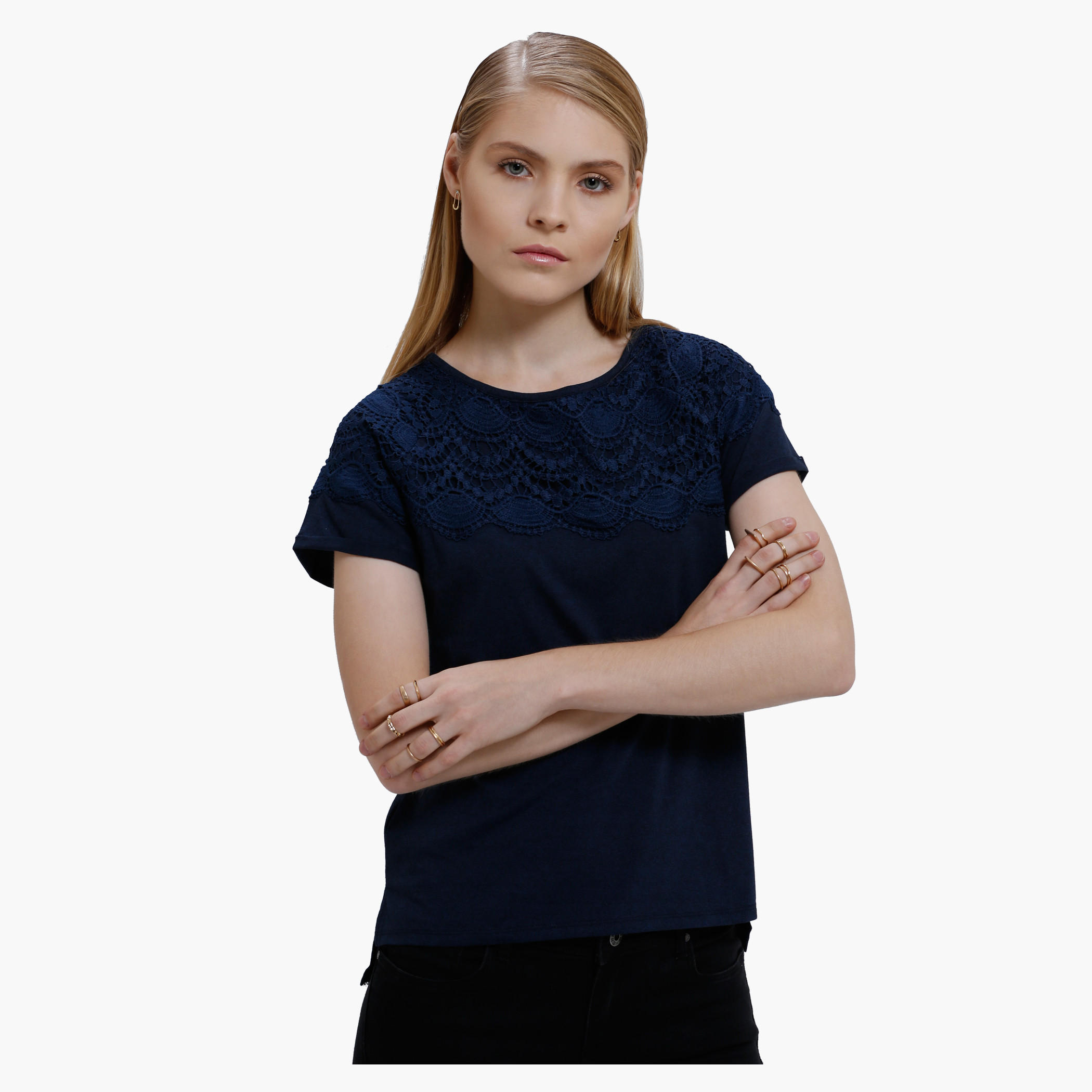 Round Neck T-Shirt with Lace Detail and Short Sleeves-women-clothing-shirtsandblouses-blouses-image-1