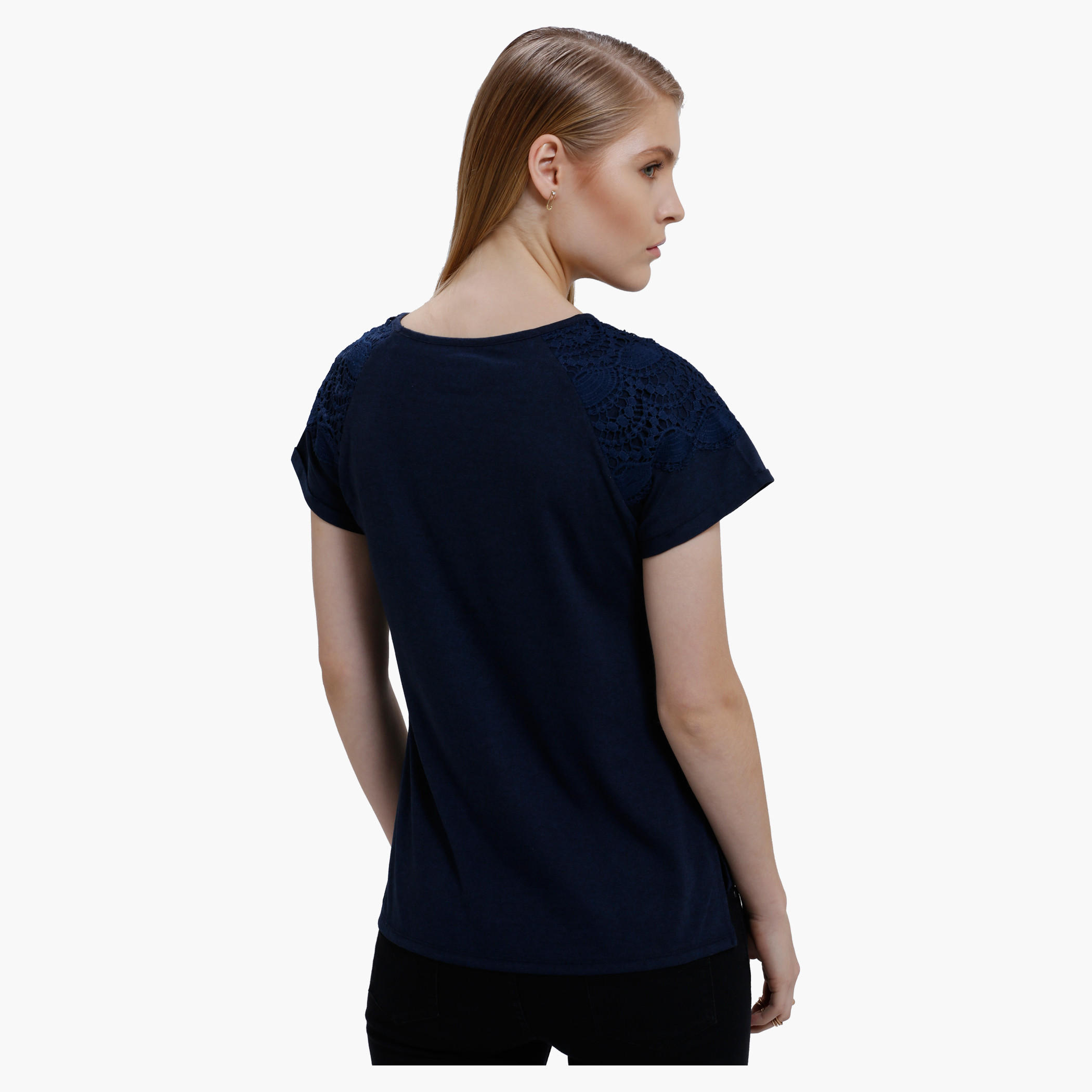 Round Neck T-Shirt with Lace Detail and Short Sleeves-women-clothing-shirtsandblouses-blouses-image-2