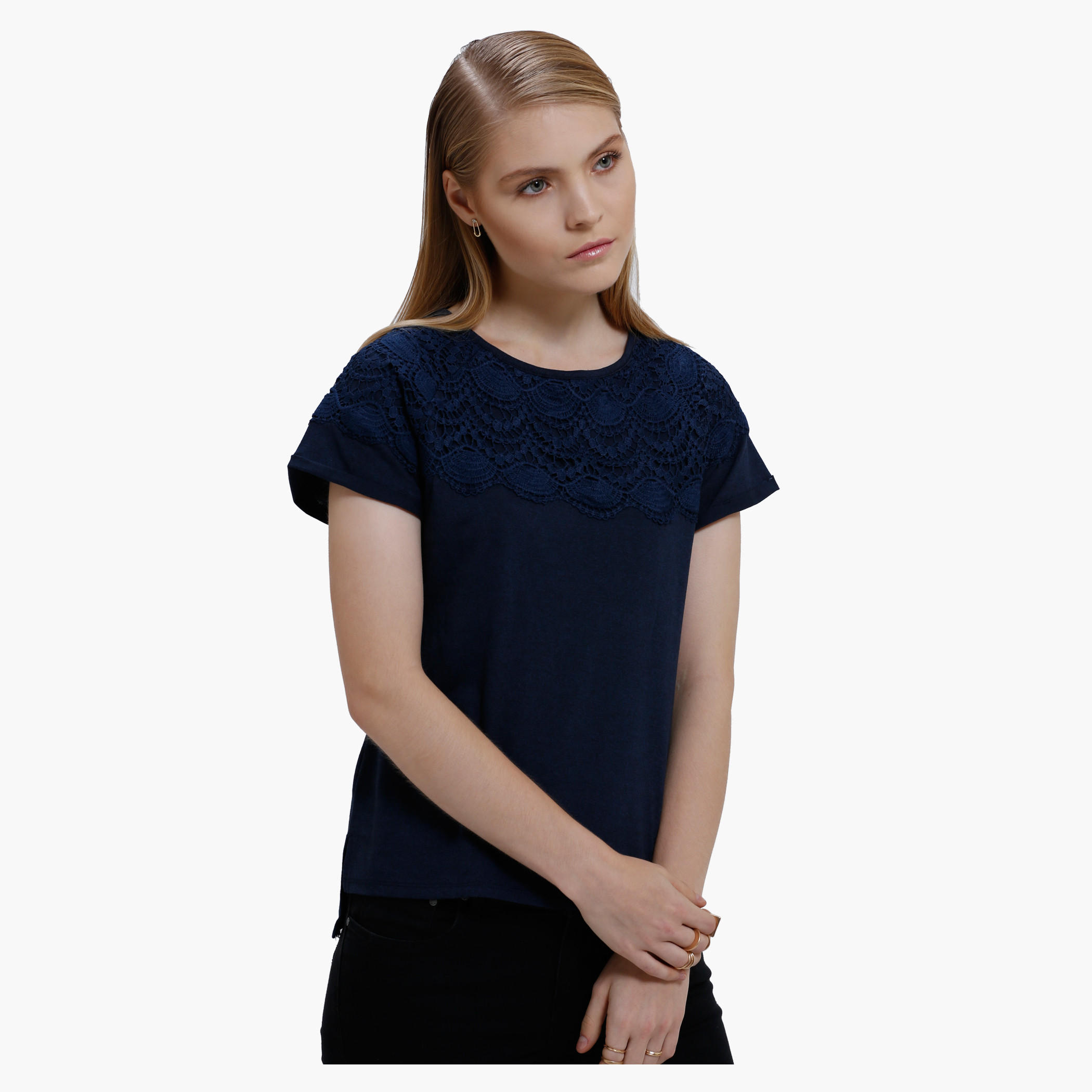 Round Neck T-Shirt with Lace Detail and Short Sleeves-women-clothing-shirtsandblouses-blouses-image-3
