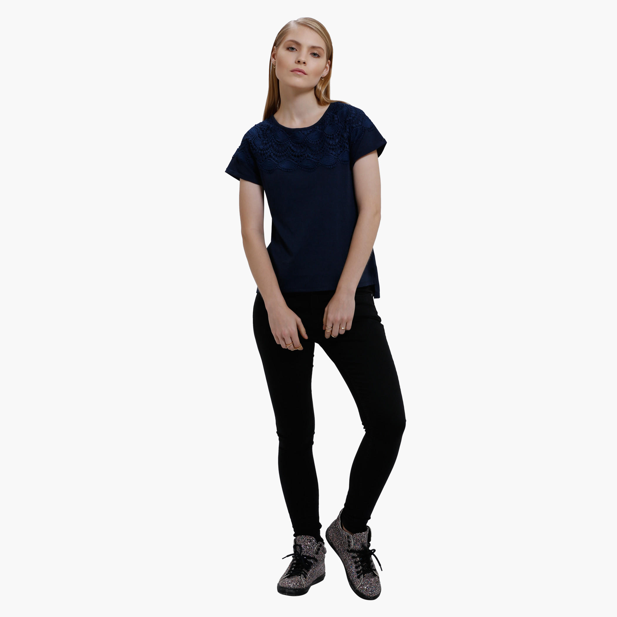 Round Neck T-Shirt with Lace Detail and Short Sleeves-women-clothing-shirtsandblouses-blouses-image-5