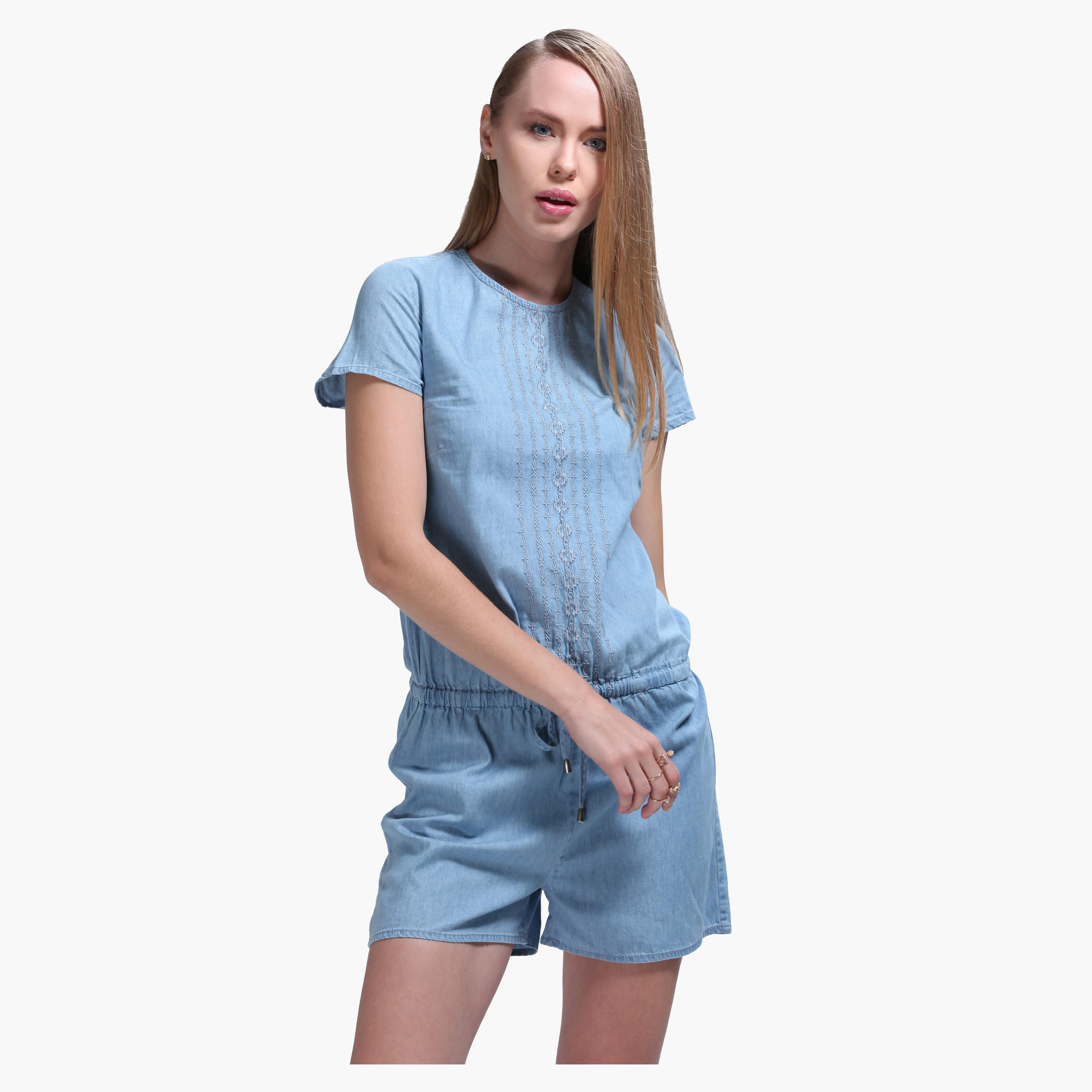 Textured Playsuit with Short Sleeves-women-clothing-jumpsuits-image-1