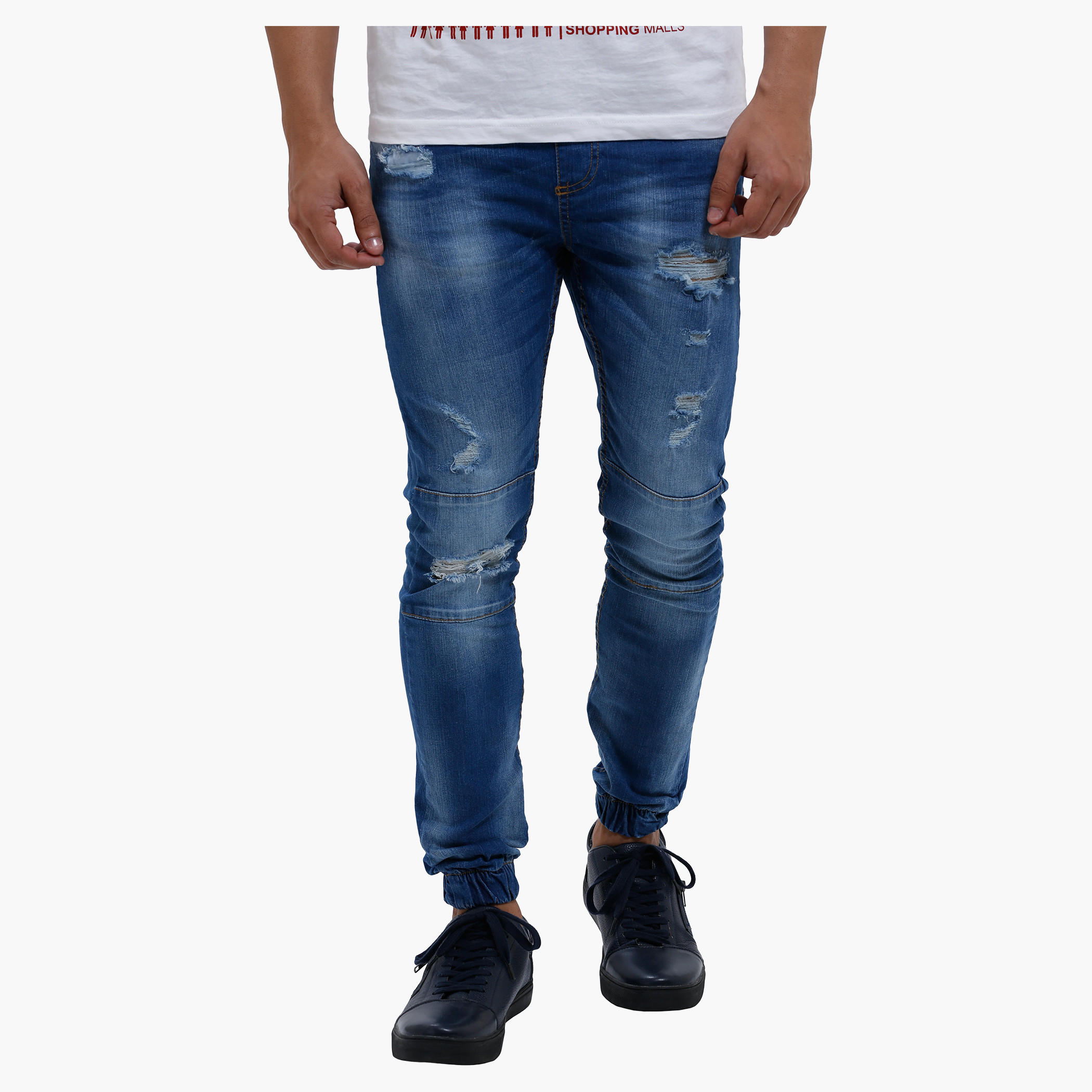Distressed Denim Jog Pants with Elasticised Waistband and Drawstring-men-clothing-bottoms-jeans-image-1
