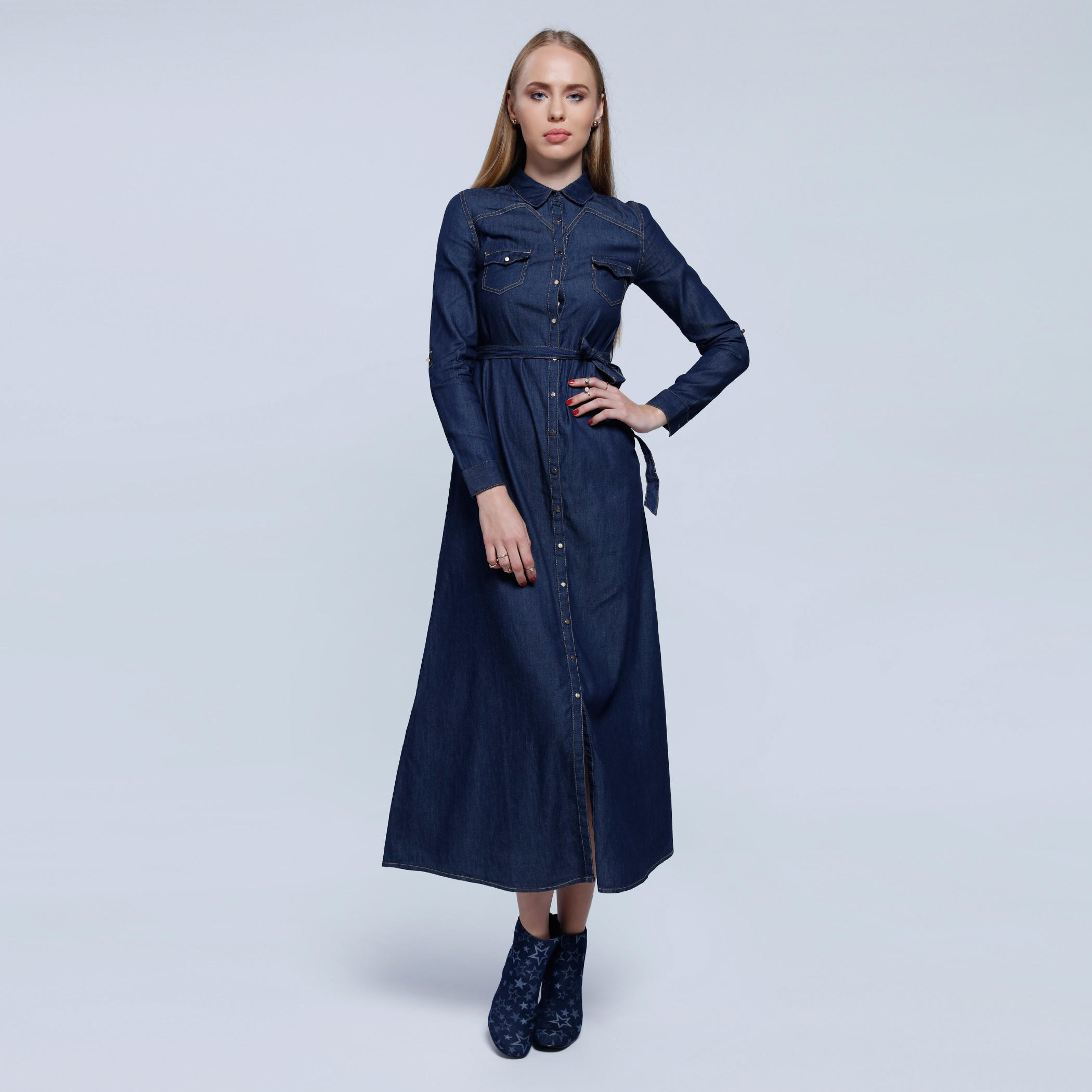 Denim Long Dress with Long Sleeves and Tie Up-women-clothing-dresses-image-1
