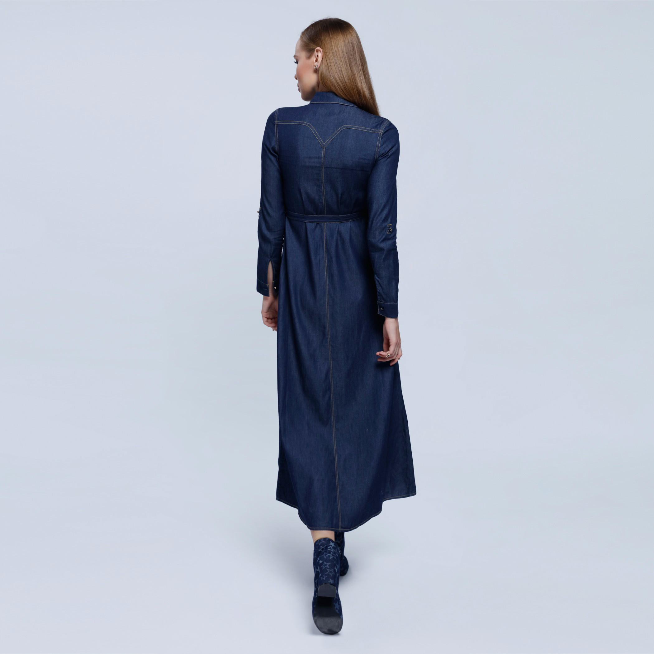 Denim Long Dress with Long Sleeves and Tie Up-women-clothing-dresses-image-2
