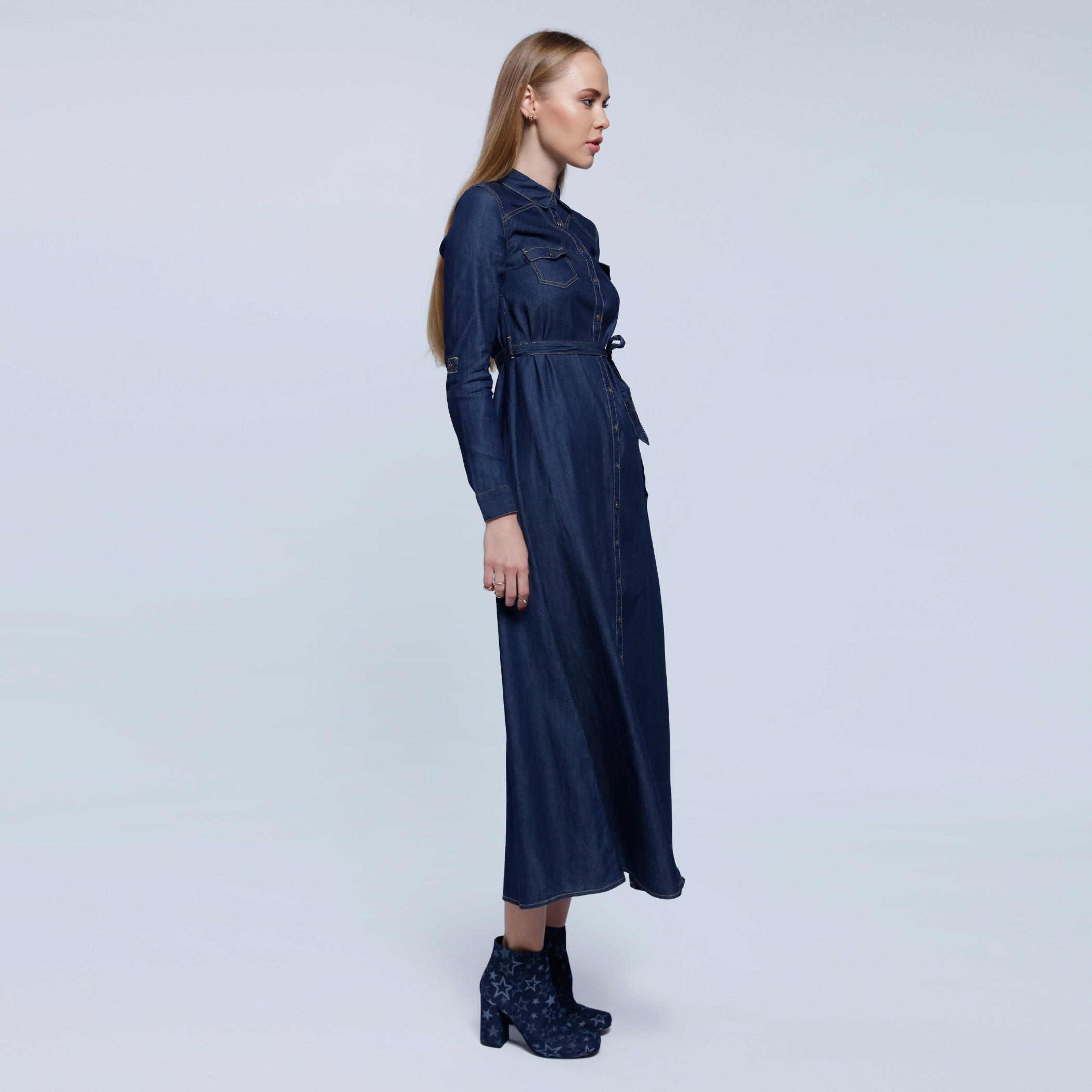 Denim Long Dress with Long Sleeves and Tie Up-women-clothing-dresses-image-3