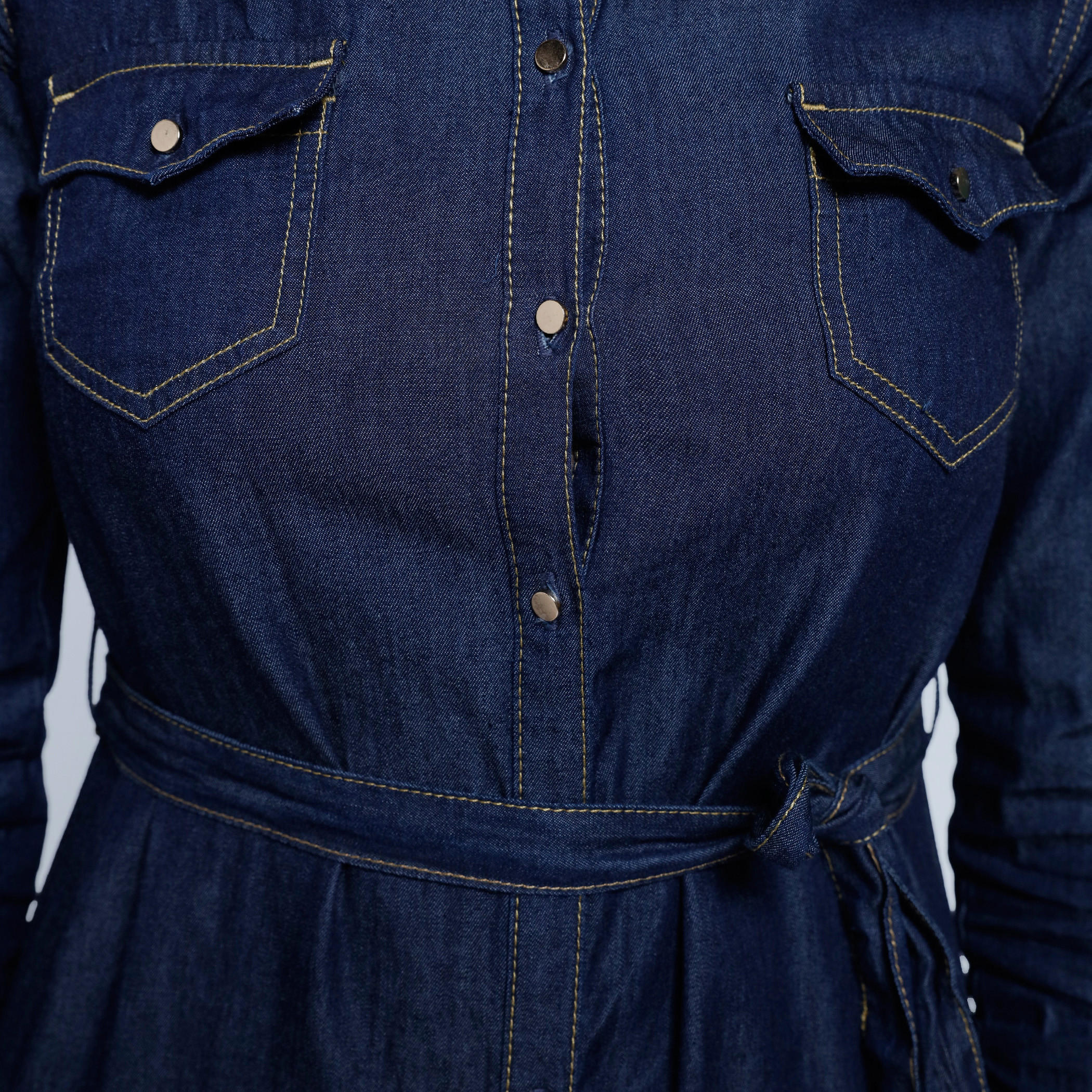 Denim Long Dress with Long Sleeves and Tie Up-women-clothing-dresses-image-4