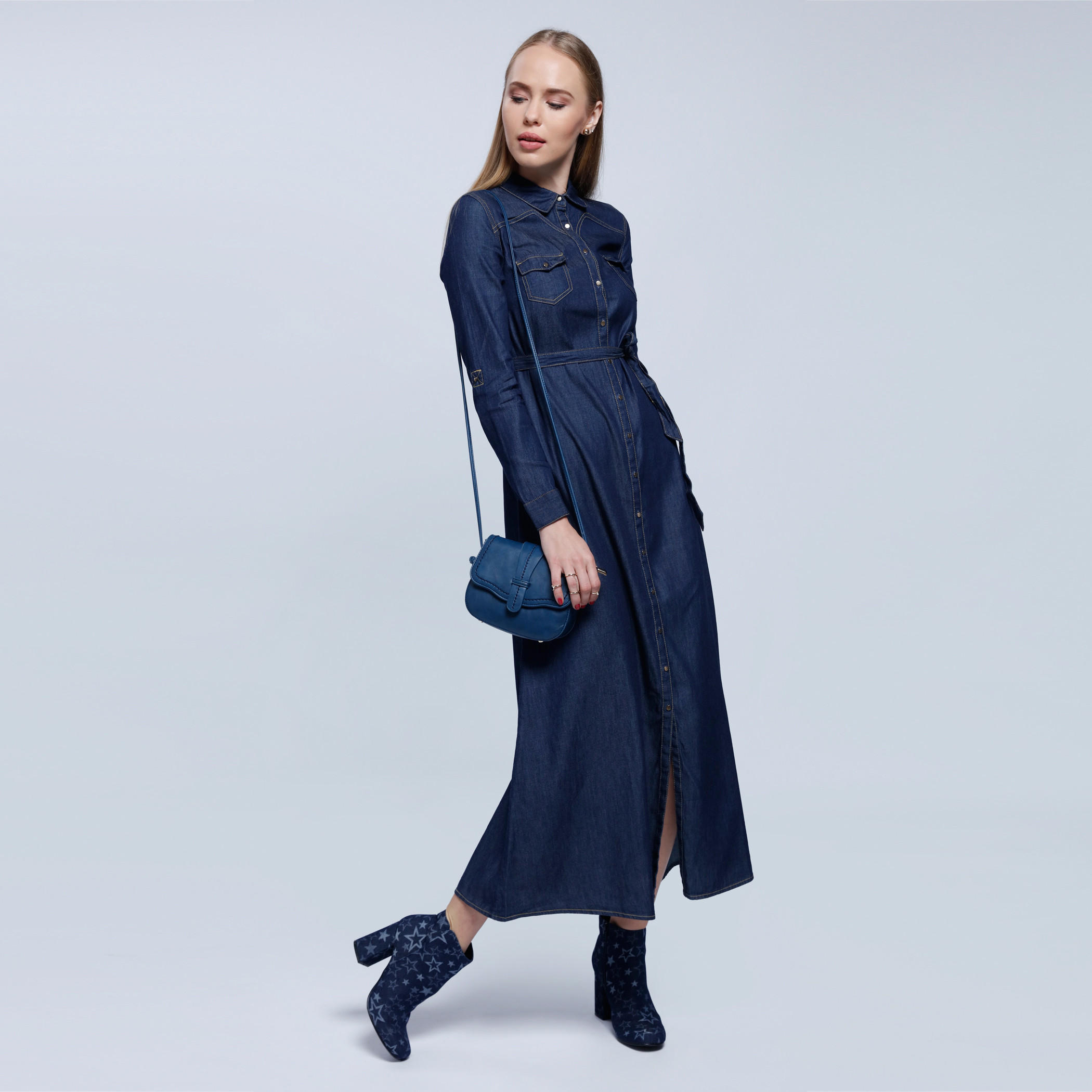 Denim Long Dress with Long Sleeves and Tie Up-women-clothing-dresses-image-5