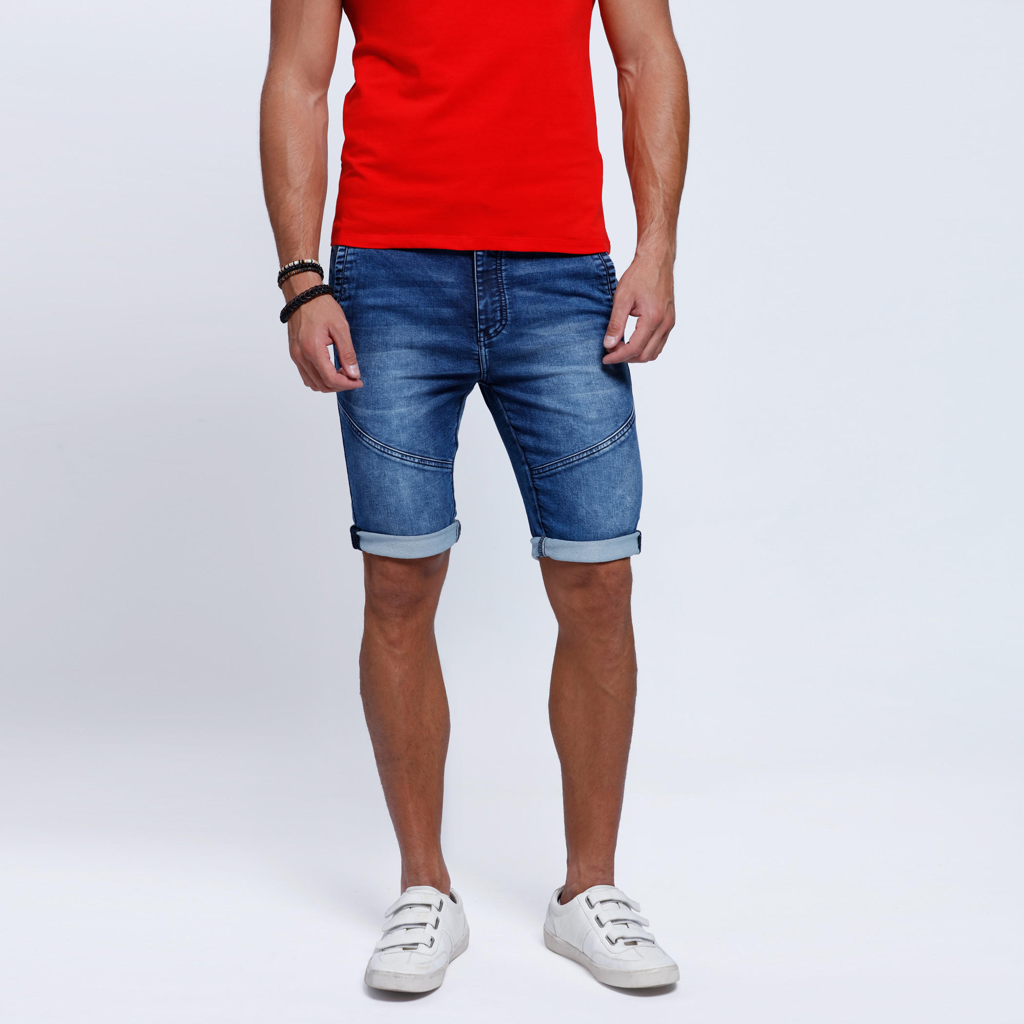 Knee Length Denim Shorts with Button Closure-men-clothing-bottoms-shorts-image-1