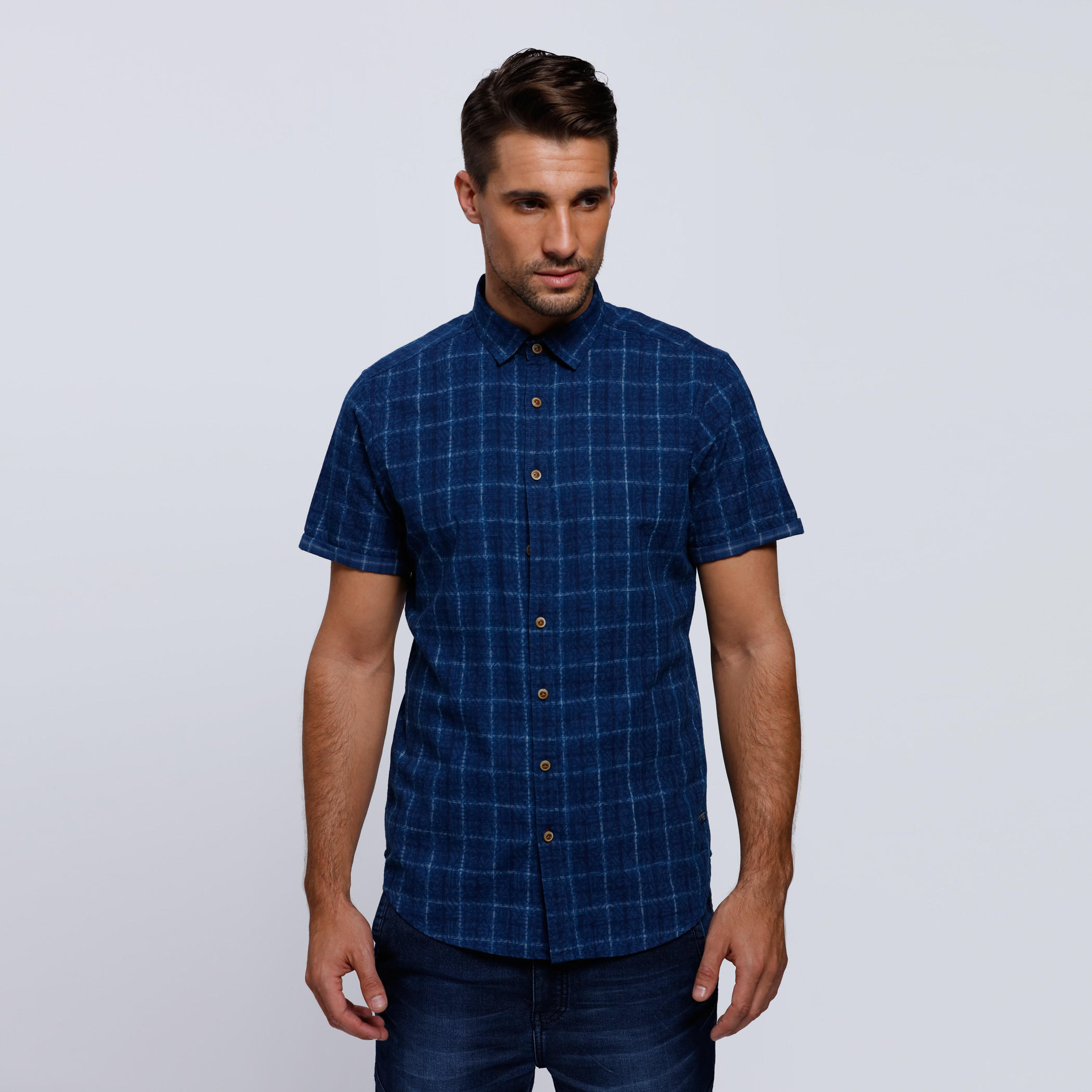 Chequered Short Sleeves Shirt with Spread Collar-men-clothing-shirts-image-1