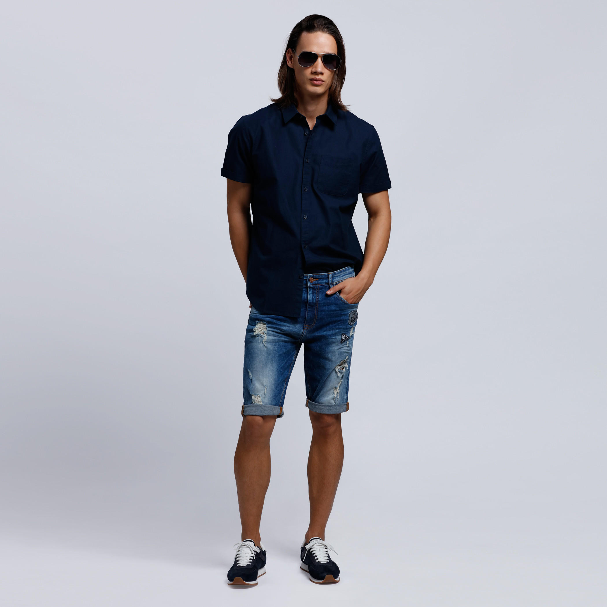 Distressed Denim Shorts with Button Closure-men-clothing-bottoms-shorts-image-1