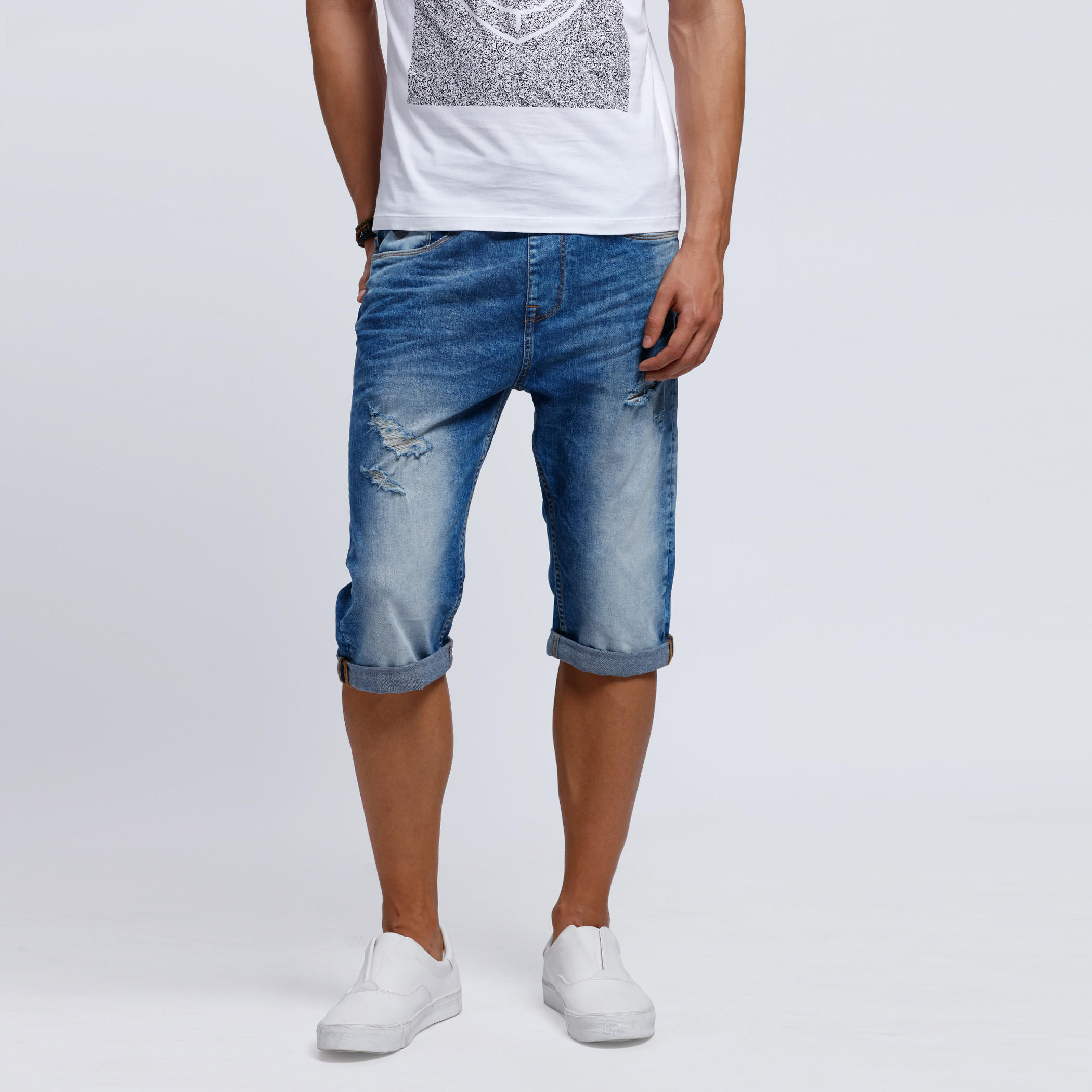 Distressed Denim Shorts with Button Closure-men-clothing-bottoms-shorts-image-5