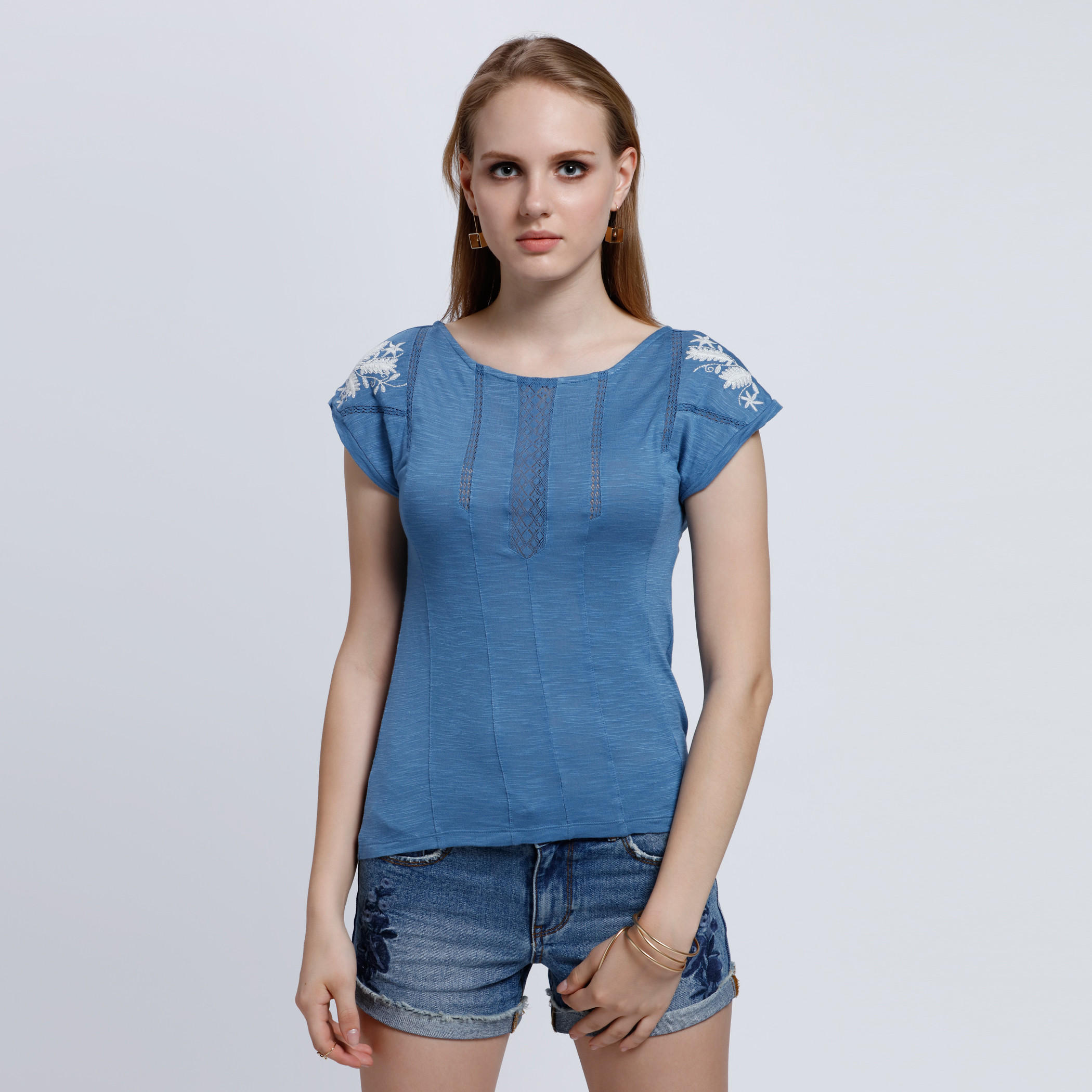 Embroidered Top with Round Neck and Short Sleeves-women-clothing-tshirts-image-1
