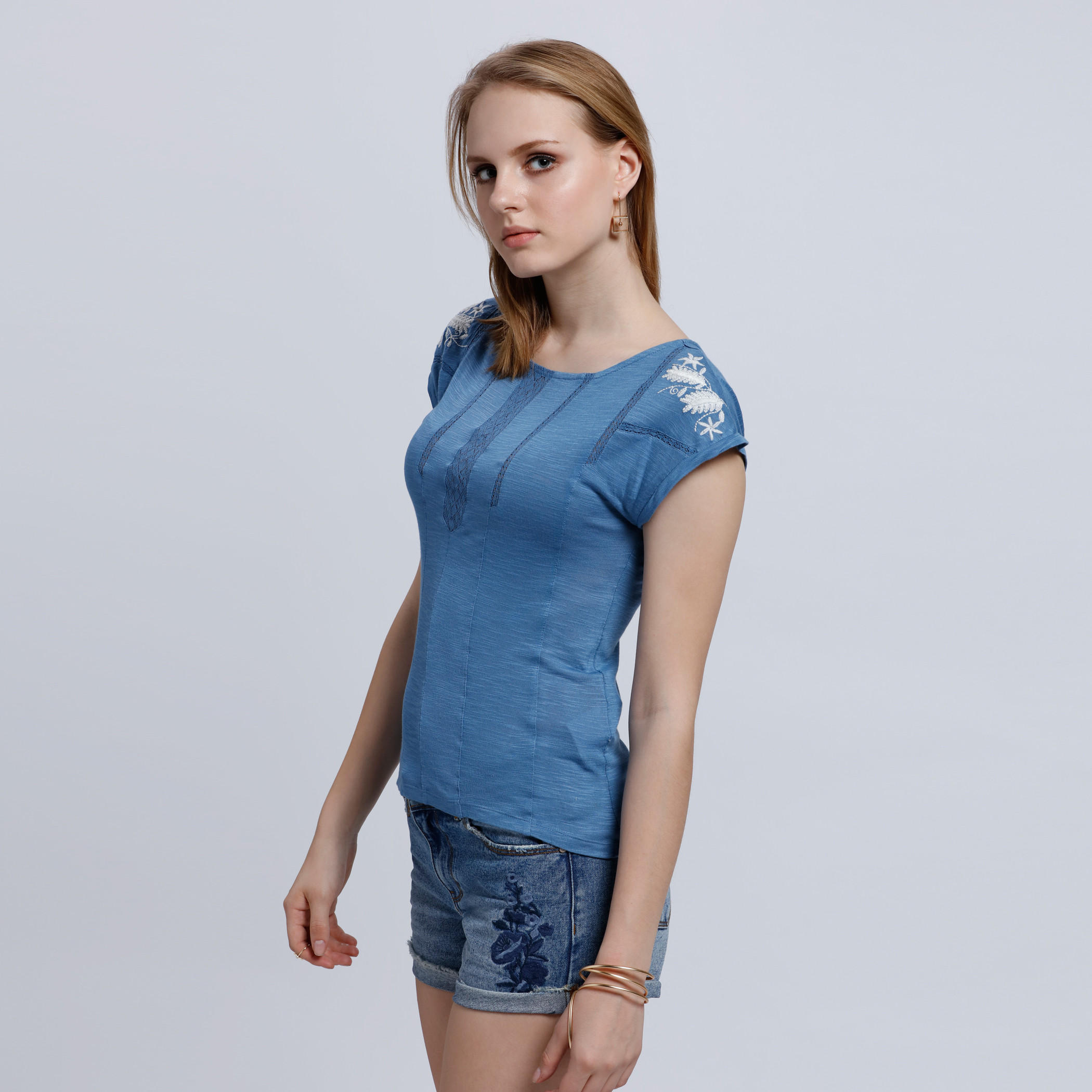 Embroidered Top with Round Neck and Short Sleeves-women-clothing-tshirts-image-3