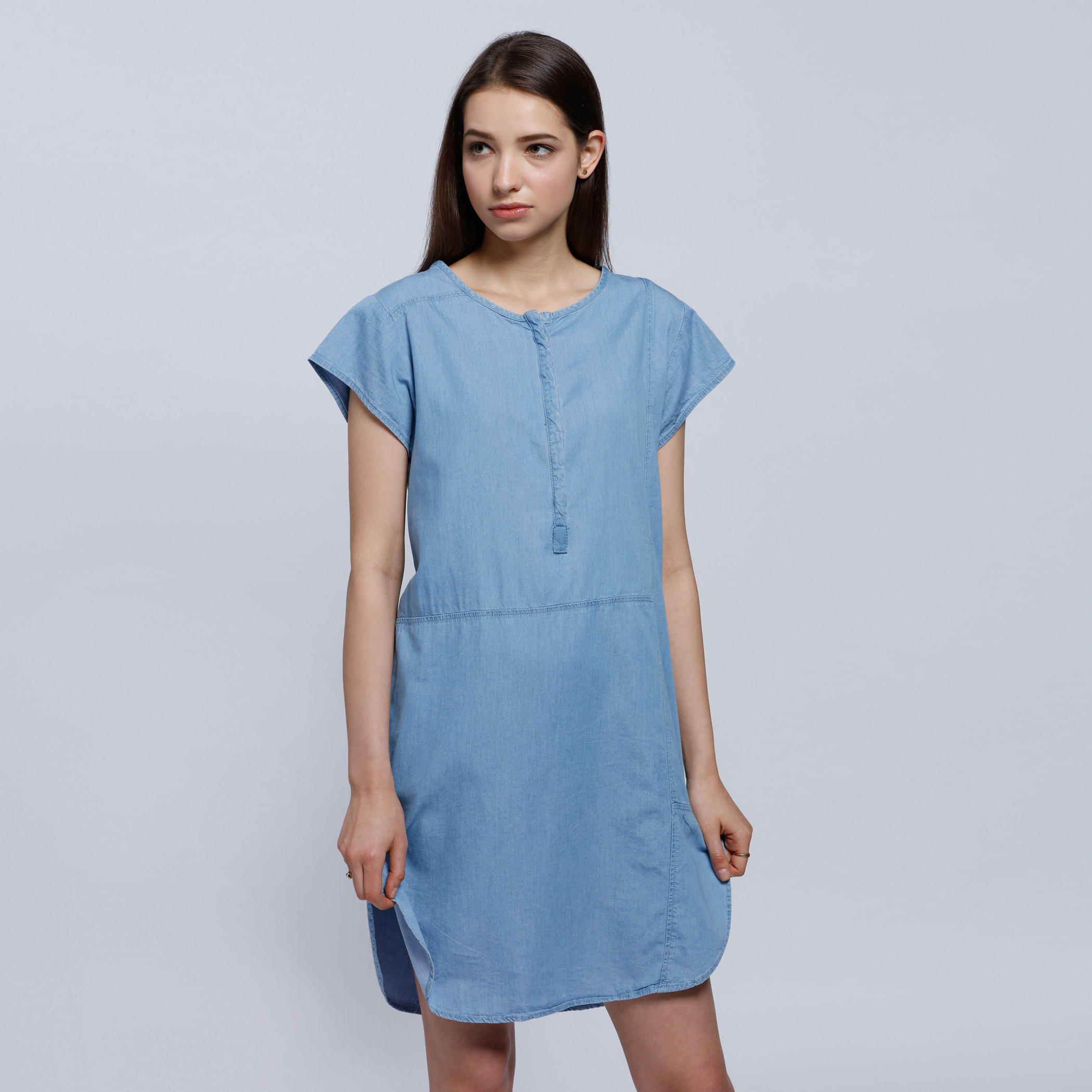 Round Neck Denim Dress with Cap Sleeves-women-clothing-dresses-image-5