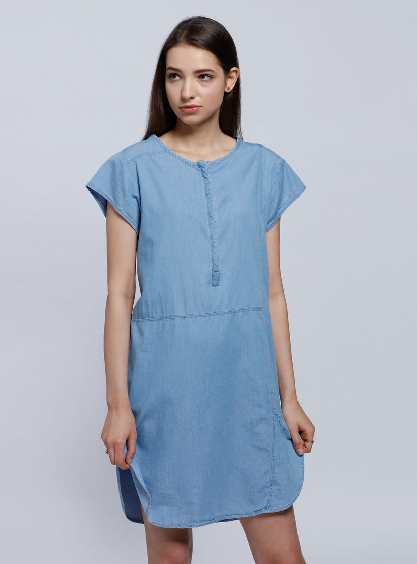 Round Neck Denim Dress with Cap Sleeves-women-clothing-dresses-image-5