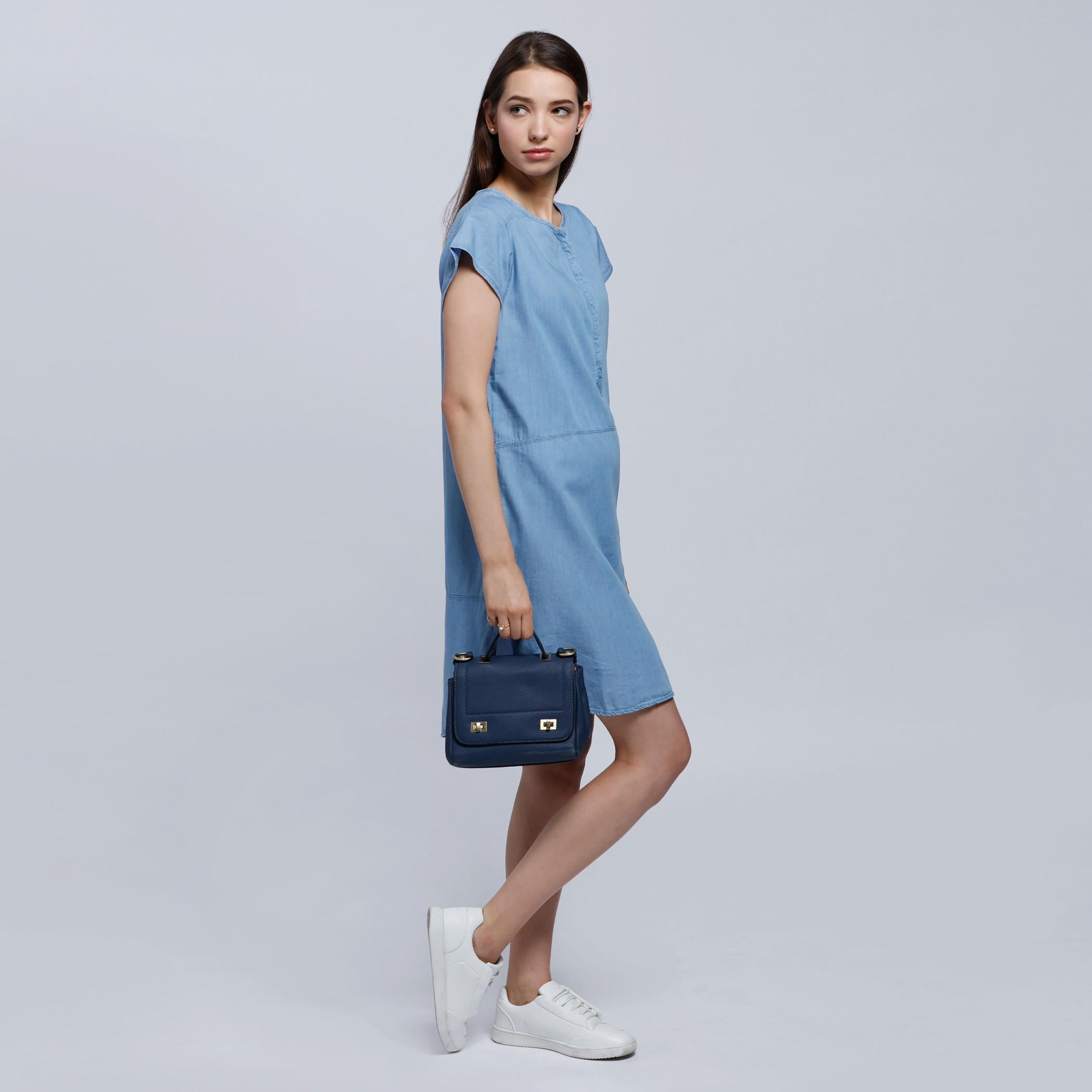 Round Neck Denim Dress with Cap Sleeves-women-clothing-dresses-image-1